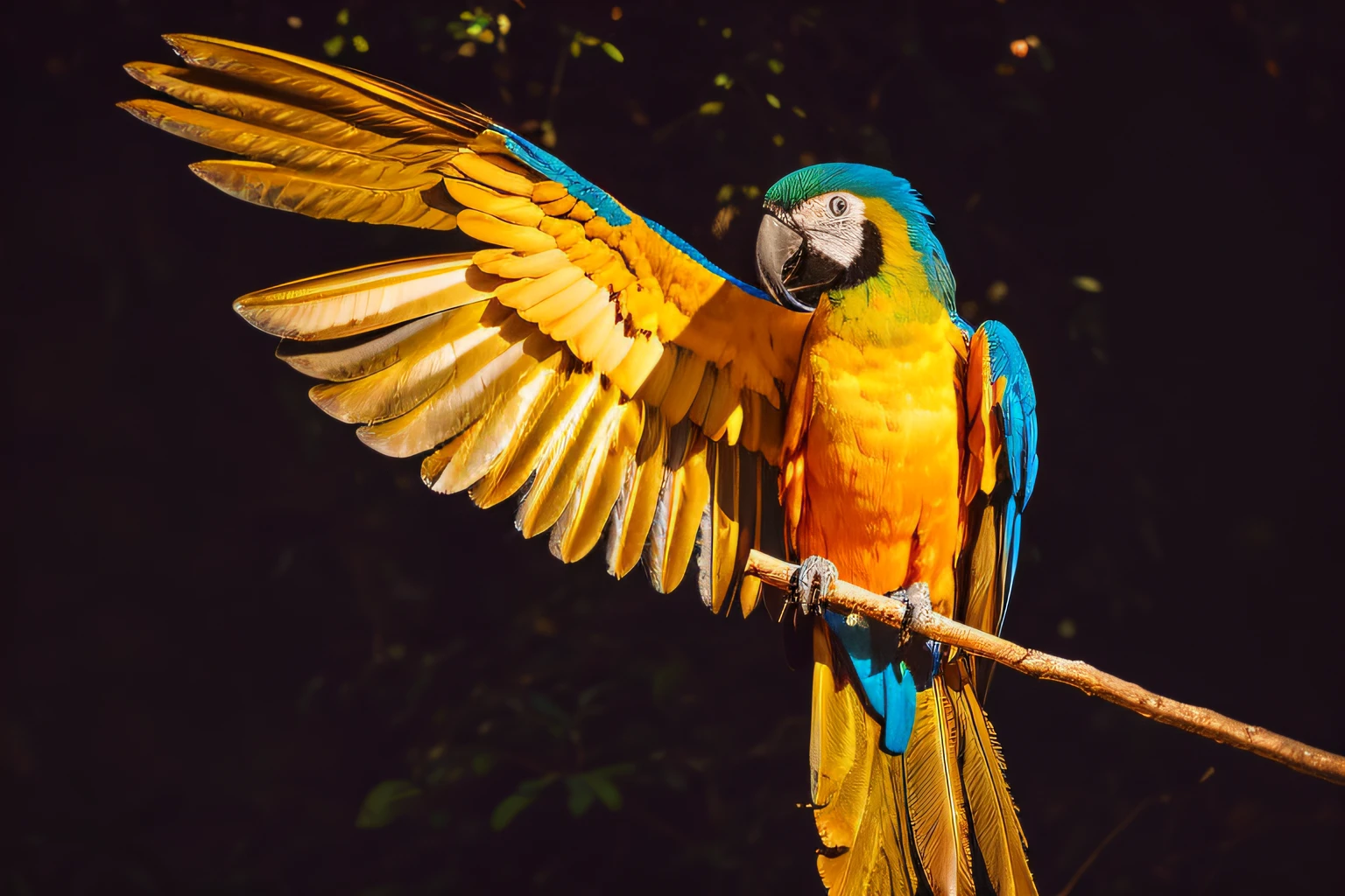 Papagaio de cores vivas empoleirado em um pau com as asas abertas, ethereal macaw, arara, asas estendidas, lindas asas abertas, colorful bird with a long, his arms spread. pronto para voar, plumagem colorida, paralelo, ophanim has bird wings, fauna azul e amarela, bird wings, cores vivas vibrantes, asas emplumadas, vivid vibrant colors, fundo preto