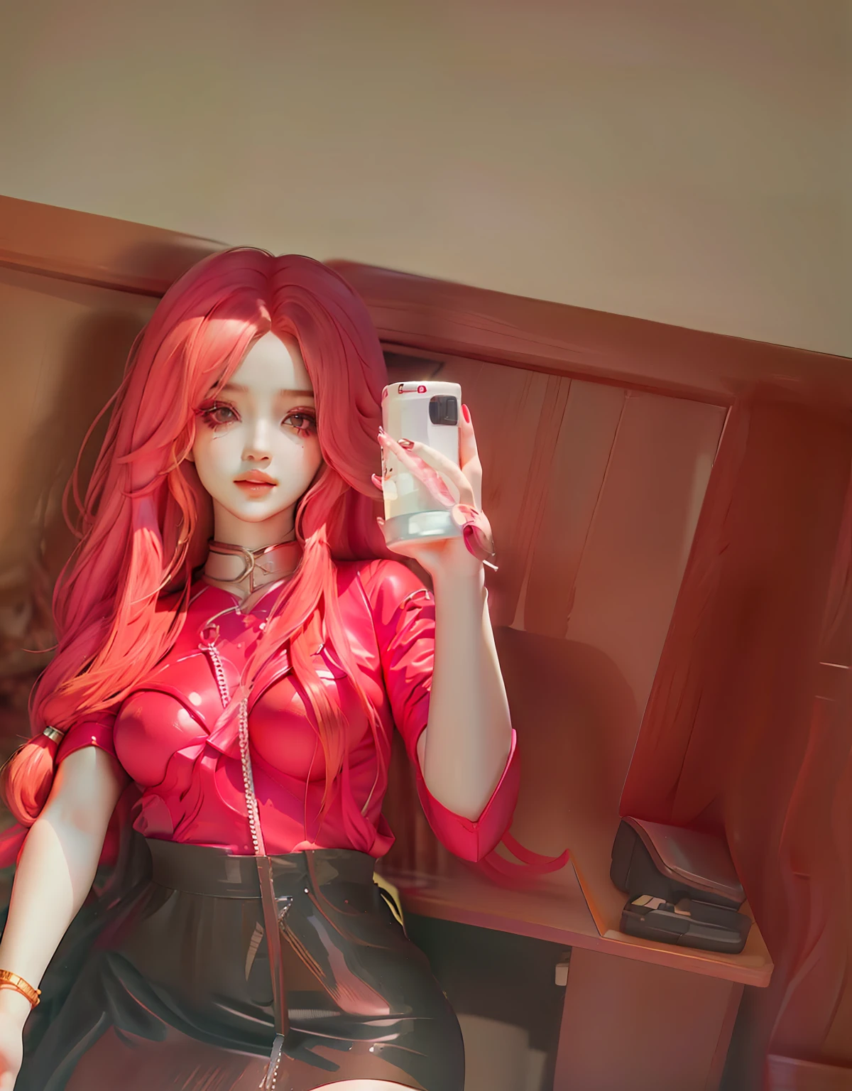 3d, ultra realista, estilo anime, cabelo rosa, boca com batom vermelho