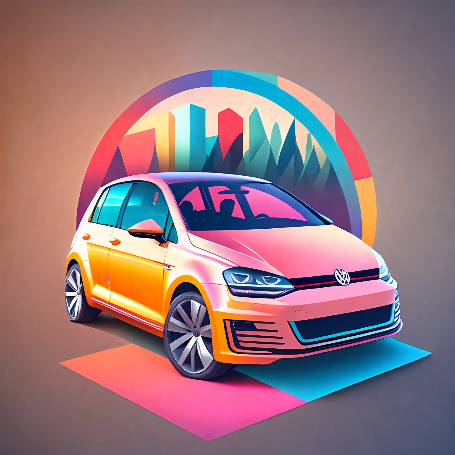 T-shirt graphic design art, a modern graphic design, VW Golf rosa, rua miami, cor suave de quatro cores, tom cinza vintage, limpeza altamente detalhada, imagem vetorial, obra-prima realista, fotografia profissional, carro realista, fundo simples do nascer do sol do carro, fundo transparente plano, isometric, vetor vibrante