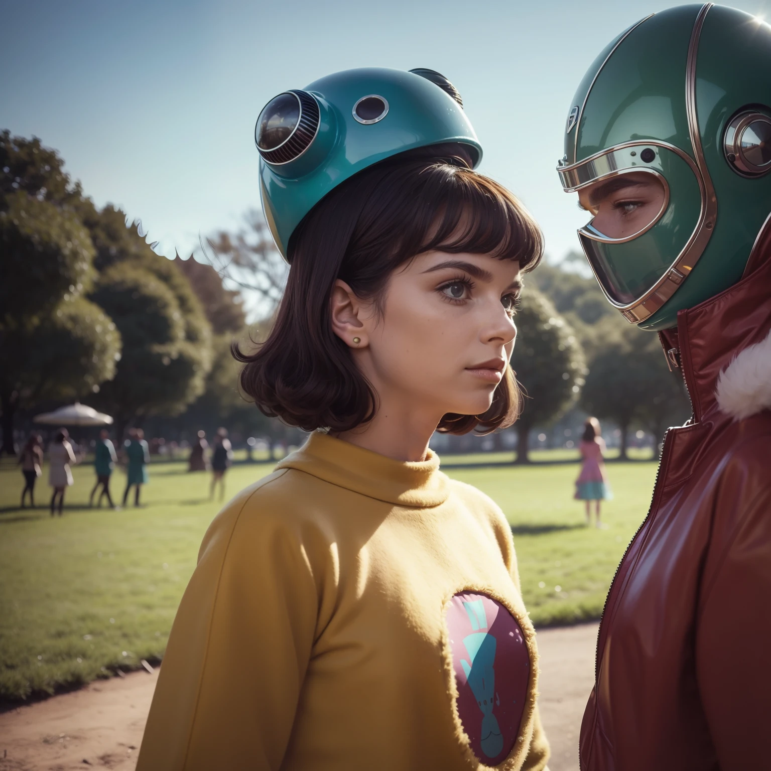 4k image from a 1960s science fiction film by Michael Gondry, pastels colors, Young people with animal mask and a mechanical pet in the park, Retro-futuristic fashion clothes from the 60s with alien ornaments, Luz Natural, Psicodelia, futurista estranho, retro-futurista, photo-realistic, Sharp background details.