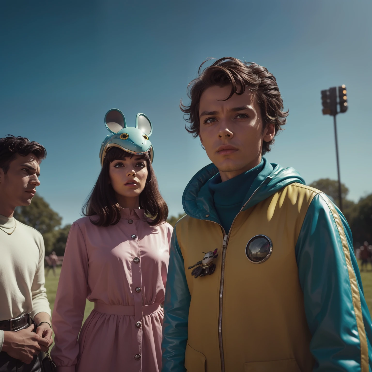 4k image from a 1960s science fiction film by Michael Gondry, pastels colors, Young people with animal mask and a mechanical pet in the park, Retro-futuristic fashion clothes from the 60s with alien ornaments, Luz Natural, Psicodelia, futurista estranho, retro-futurista, photo-realistic, Sharp background details.
