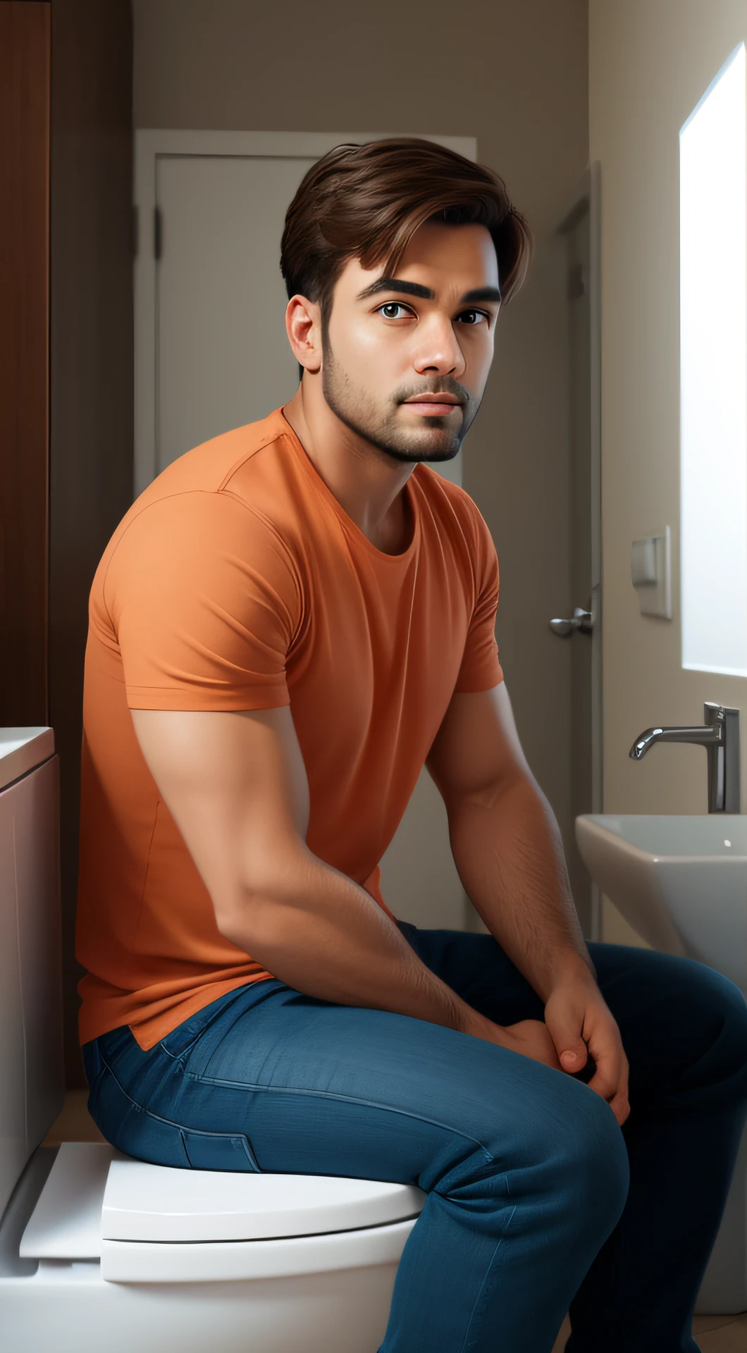 Man sitting on the toilet in the middle of the screen looking at the camera