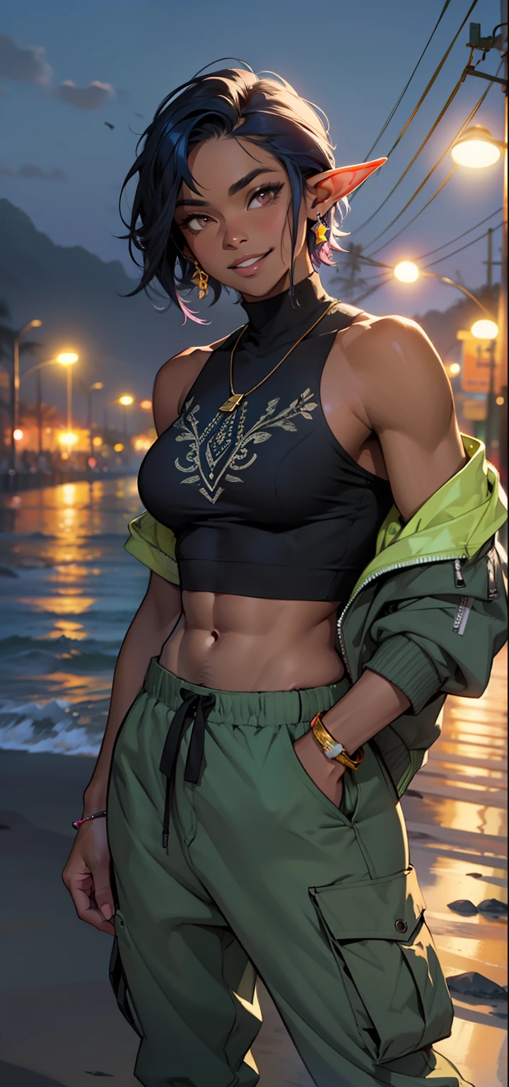 brazilian woman, dark skin, perfect brown eyes, details, elf ear, eyebrow, smiling, lips, short straight blue hair, dyed nape pink, Coolane Rhinestone Skeleton Pattern Cami Top With Sweatshirt Super Short, Dianhua Men's Cargo Pants Harem joggers in casual hip hop sweatshirt with multiple pockets, thin waist, thick legs, thick thighs, background scenery, ultra detailed rio de janeiro, beach, night light, night, beautiful night