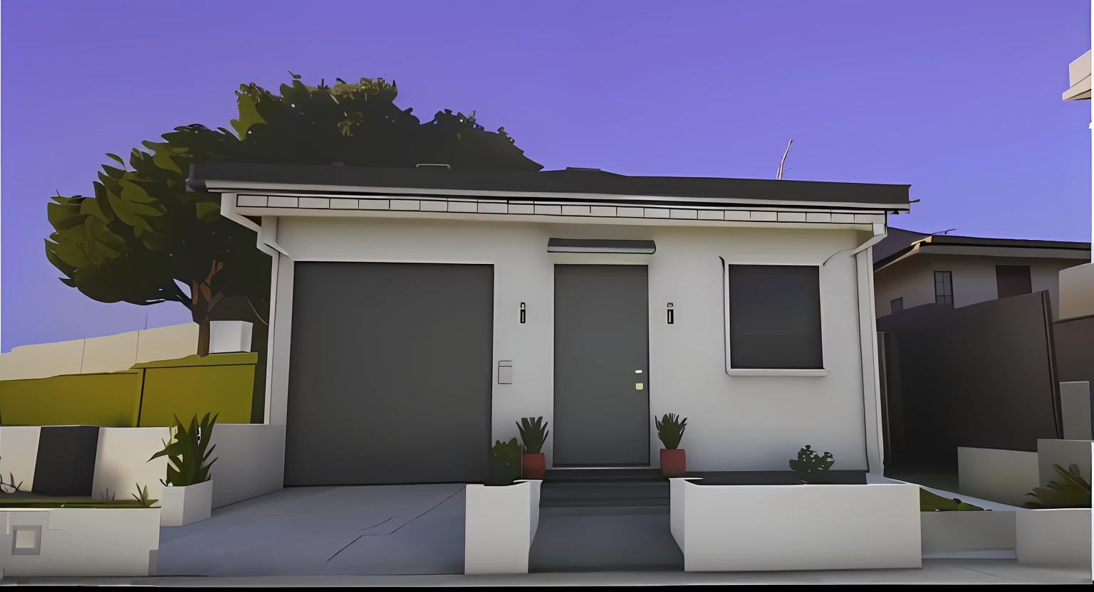 There is a small white house with a tree in the front yard, ((gta 5 casa screenshot)), em estilo de realismo simplificado, semi-realistic rendering, 3d final render, 3 d finalrender, finalrender, 3d final render, fully detailed render, realista estabelecendo tiro, renderizado em unreal engine 3d, high-quality render, pre-rendered