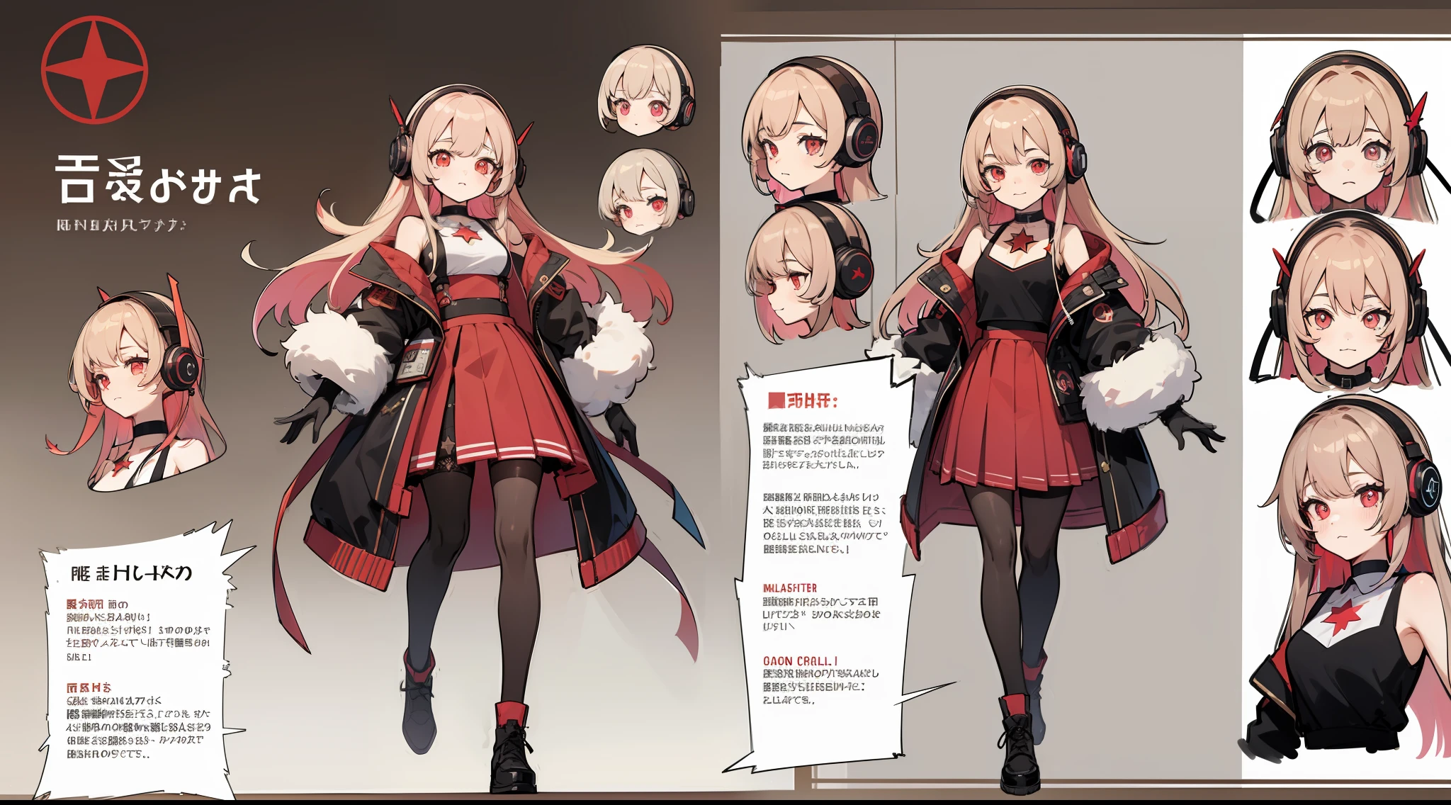 ((Masterpiece, highest quality)), detailed face, character sheet, Full body, full of details, multiple poses and expressions, highly detailed, depth, many parts, 1girl, girl in a skirt and headphones, :3, long hair, bangs, multicolored hair, two-tone hair, gradient hair, brown hair with pink tips, black crop top, red skirt, gloves, stockings, black choker, red eyes, star (symbol), symbol-shaped pupils