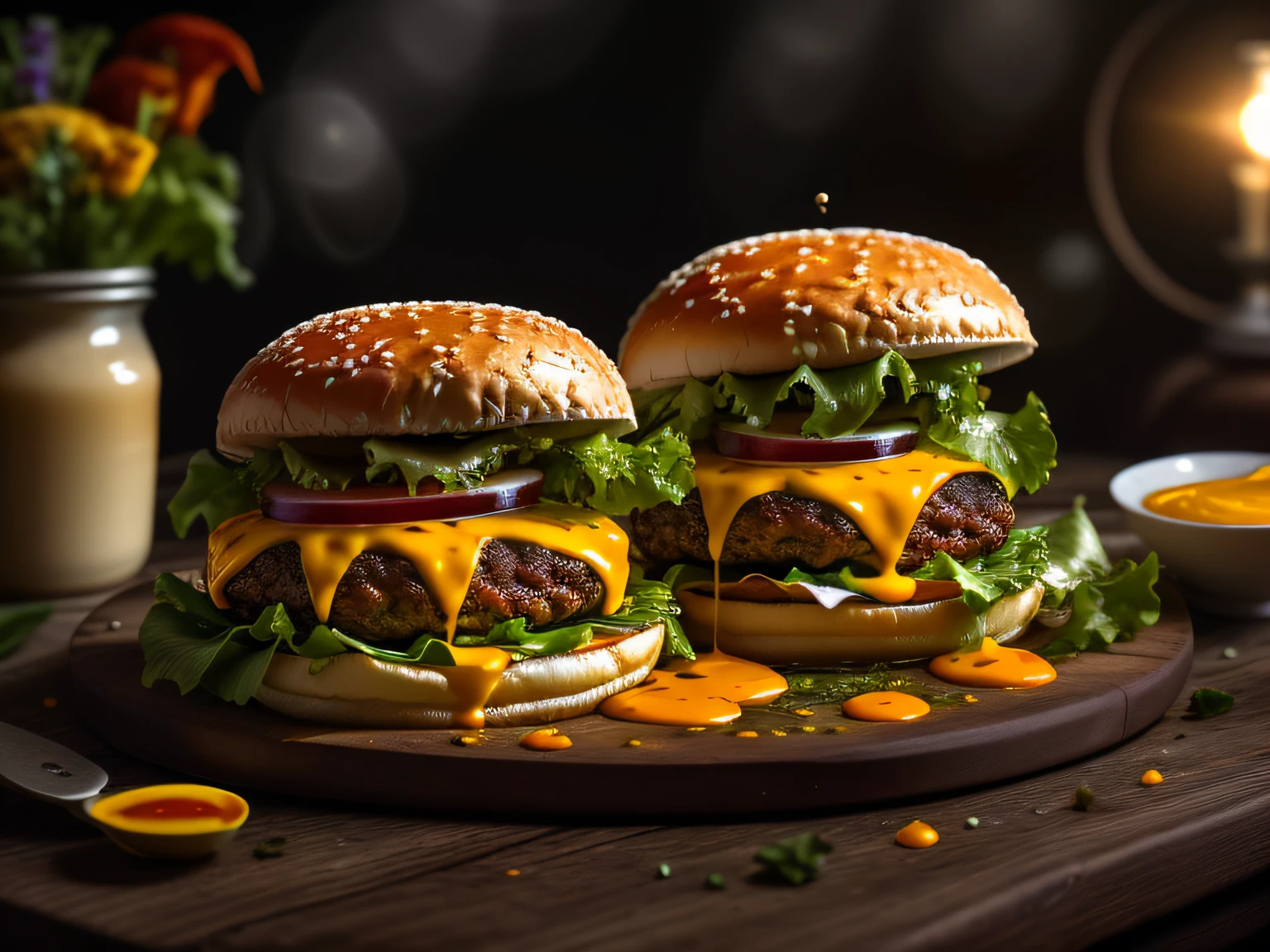 analog style, photorealistic, the most delicious hamburger, flowing egg yolk, lettuce, on a table in a cafe, dimly lit, light particles, haze, halation, bloom, dramatic atmosphere, centred, rule of thirds, 200mm 1.4f macro shot,