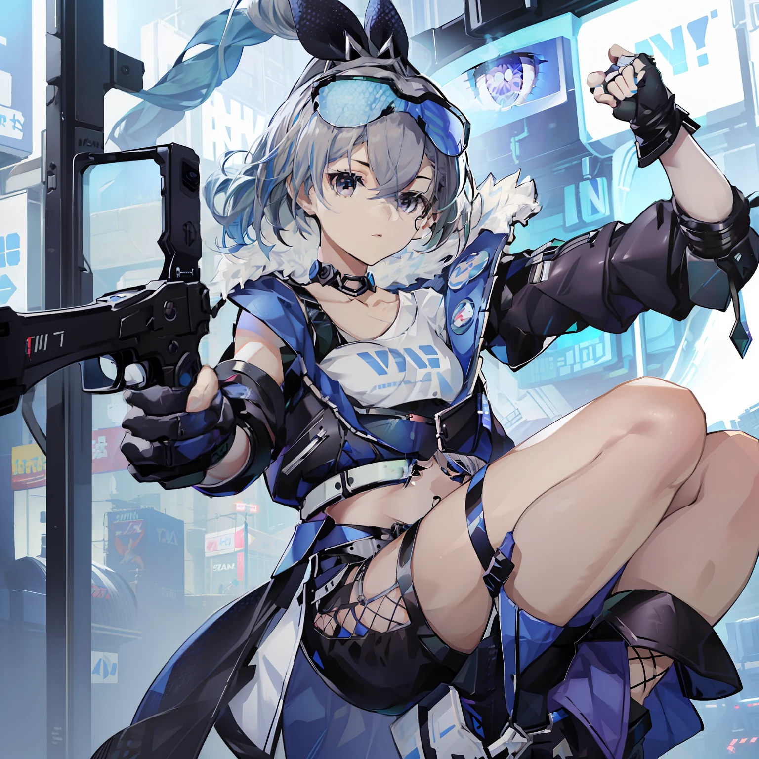 Beautiful woman medium hair、hated、cyberpunked、a short bob、a blond、White Summer Knitted Cap、 odd eye、blue  right eye、Green left eye、Blue Leather Vest、Long white T-shirt、White Cargo Pants、Black Engineer Boots、head phone、２Holding a pistol、Sprint、In front of Shibuya Station、natta