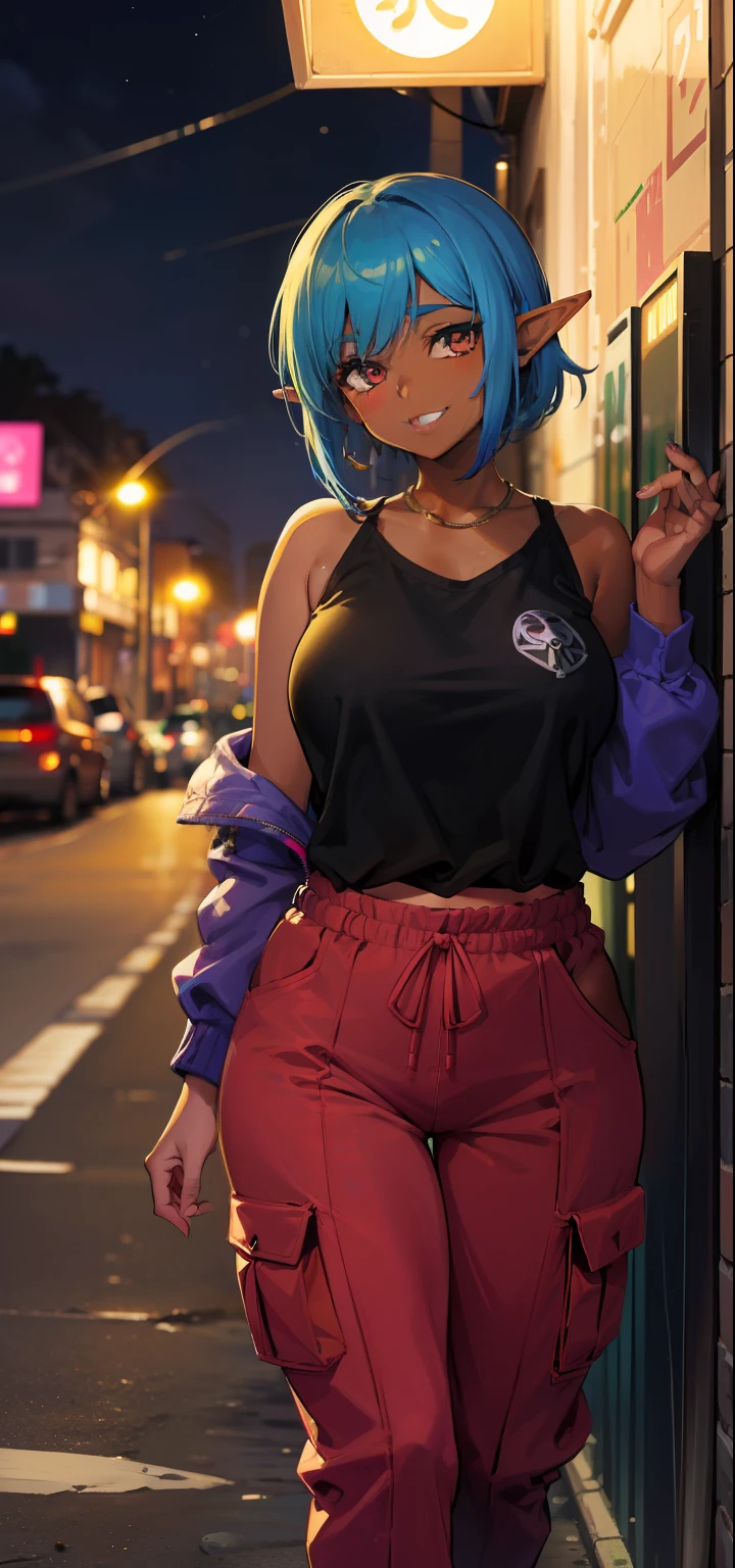 brazilian woman, dark skin, perfect brown eyes, details, elf ear, eyebrow, smiling, lips, short straight blue hair, dyed nape pink, Coolane Rhinestone Skeleton Pattern Cami Top With Sweatshirt Super Short, Dianhua Men's Cargo Pants Harem joggers in casual hip hop sweatshirt with multiple pockets, thin waist, thick legs, thick thighs, background scenery, ultra detailed rio de janeiro, beach, night light, night, beautiful night