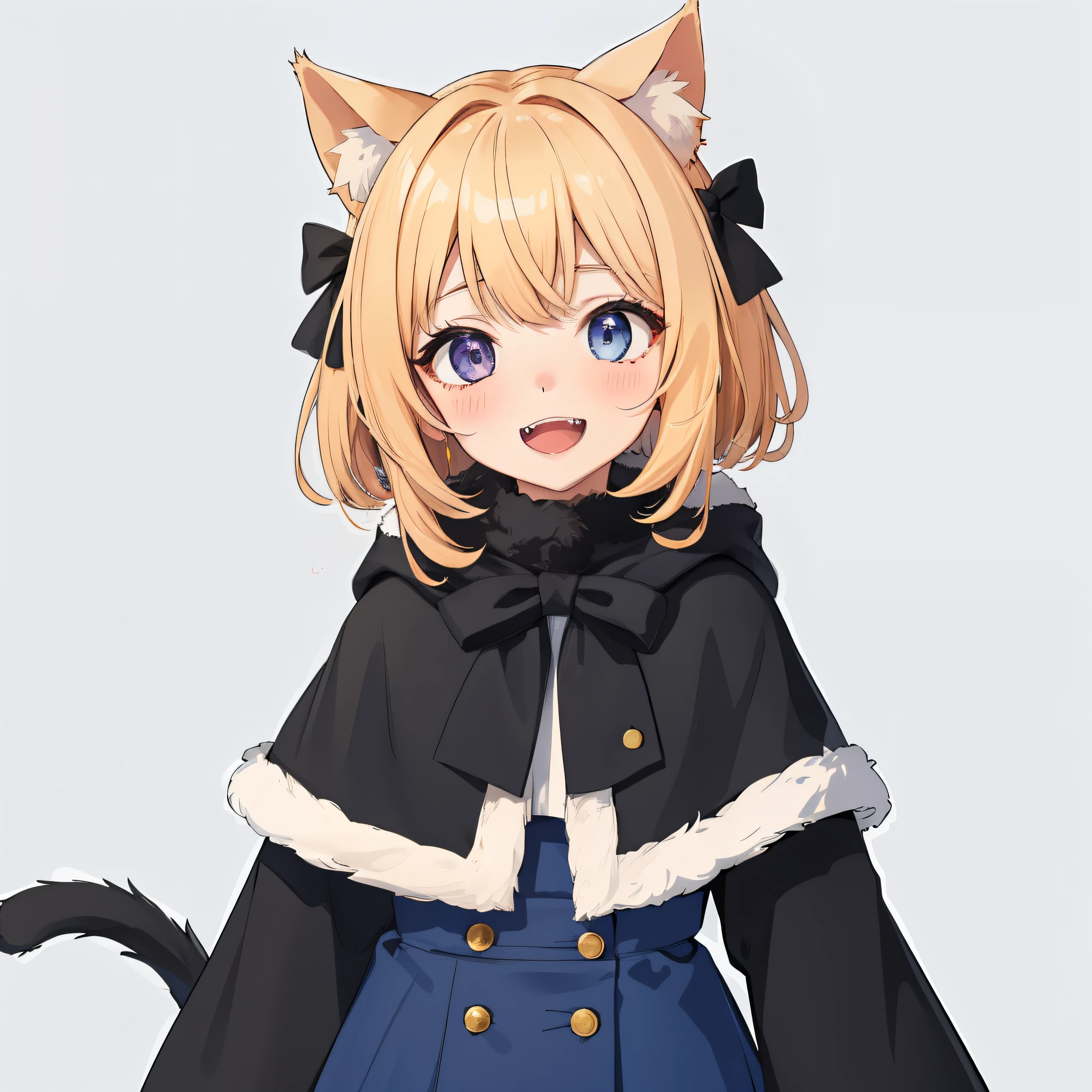 1girl in、frontage、The whole body seen from the front、standing up、upright immovable、Standing、bare-legged、Bare legged、Golden hair、a blond、yellow  hair、Nhatasha Nyana、Virtual YouTuber、animal ear、Cat's ears、parka、a smile、a purple eye、Fur trim、looking at the viewers、Cat girl、Capelet、bangss、独奏、animal ear fluff、hair between eye、the bow、open open mouth、Hood clothing、Black bow、red blush、Medium hair、Dresses trimmed with fur、Hiding your mouth with a scarf、long-sleeve、tusk、a blue dress、:d、frilld, Fur-trimmed sleeves, coat, shorth hair, snowflake, white backgrounid, a bow tie, Fangs of the skin, buttoning, simple background, frilly dress, blue eyess, Cat's tail, eye lashes, Black bow tie