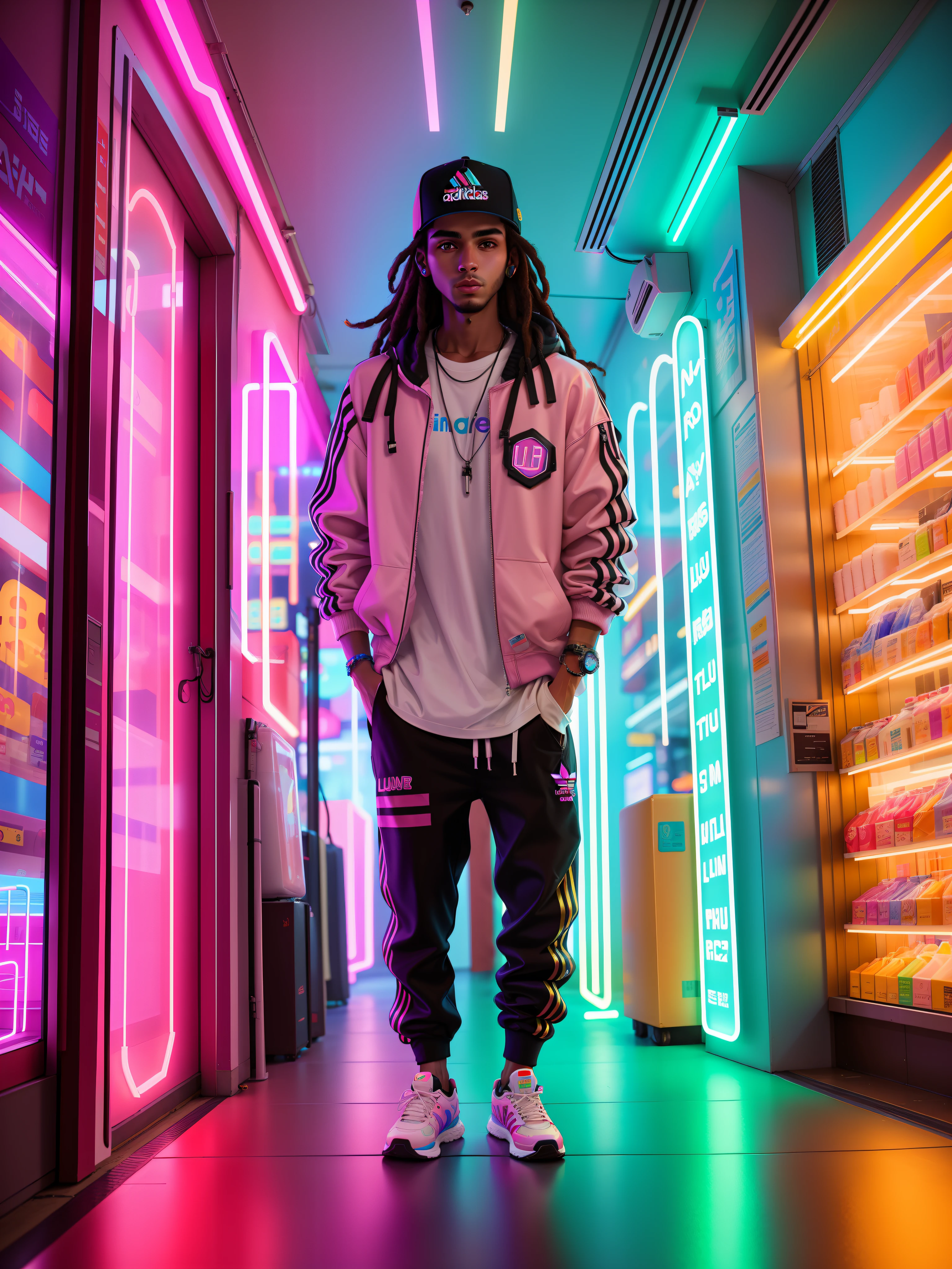 25-year-old man in white jacket and black pants standing in a neon shop, neon iluminado, neon jungle, teddy fresh, neon vibes, luzes neon e adiciona, Foto de um ensaio promocional, Retrato no meio da foto, neon lights in the background oriental letters, thick neon lights, foto promocional, com luzes neon, sythwave, Cidade oriental Neon ao fundo, aesthetic shot, rosto bem detalhado 4k HD, brincos, rua adidas, dreadlocks cavanhaque brincos