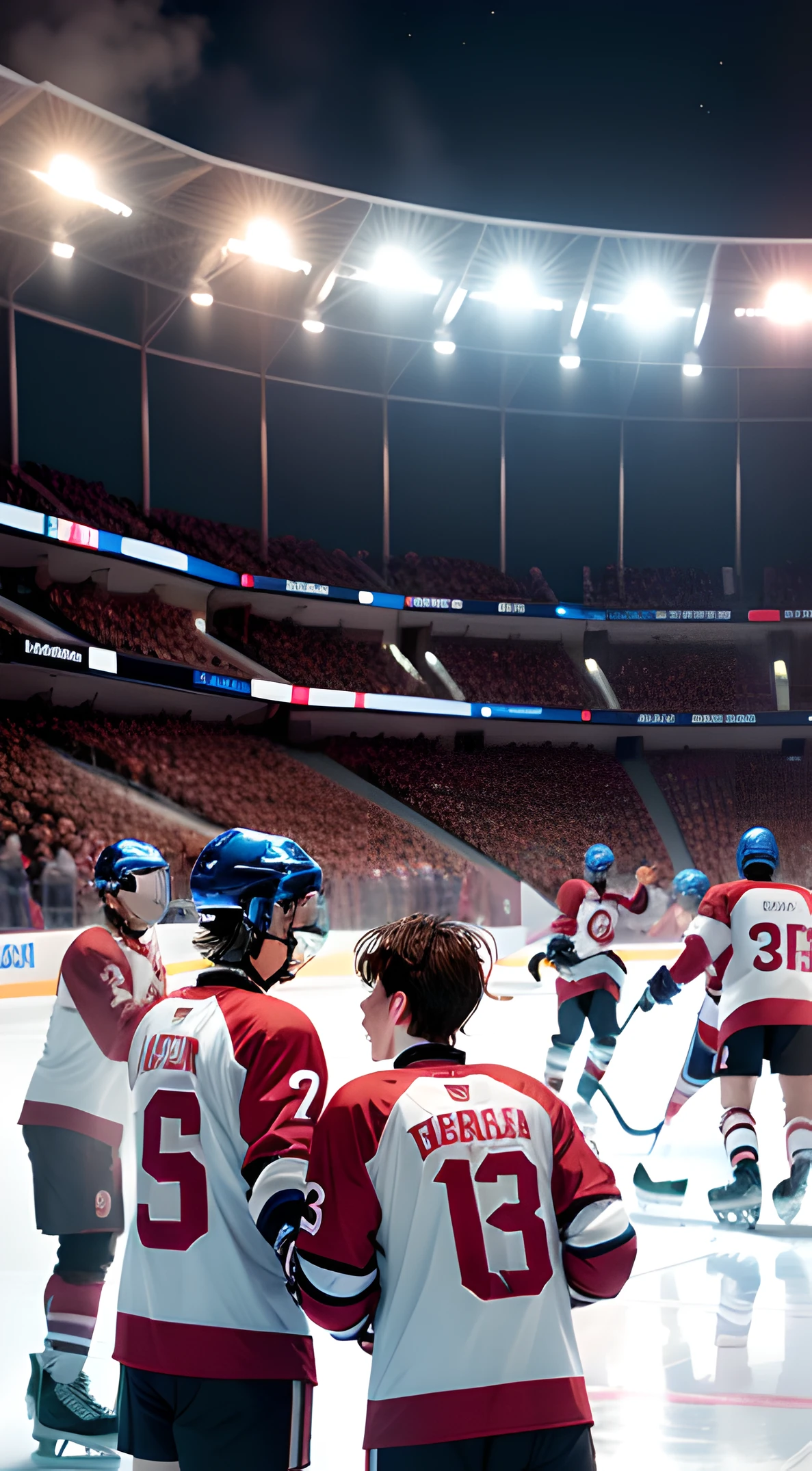 A hockey team celebrating a victory on a frozen ice rink.