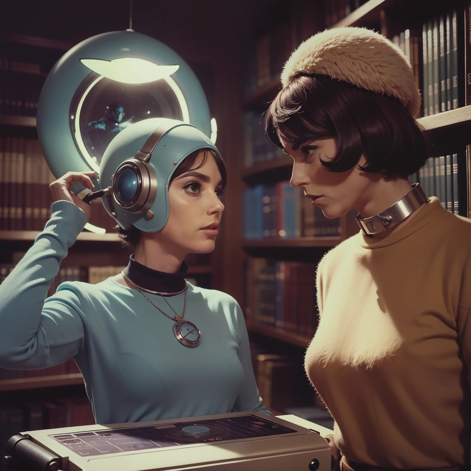 4k image of a 1960s science fiction film by Stanley Kubrick, pastels colors, Young people with animal mask and a mechanical pet in the library, Retro-futuristic fashion clothes from the 60s with alien ornaments, Luz Natural, Psicodelia, futurista estranho, retro-futurista, photo-realistic, Sharp background details.