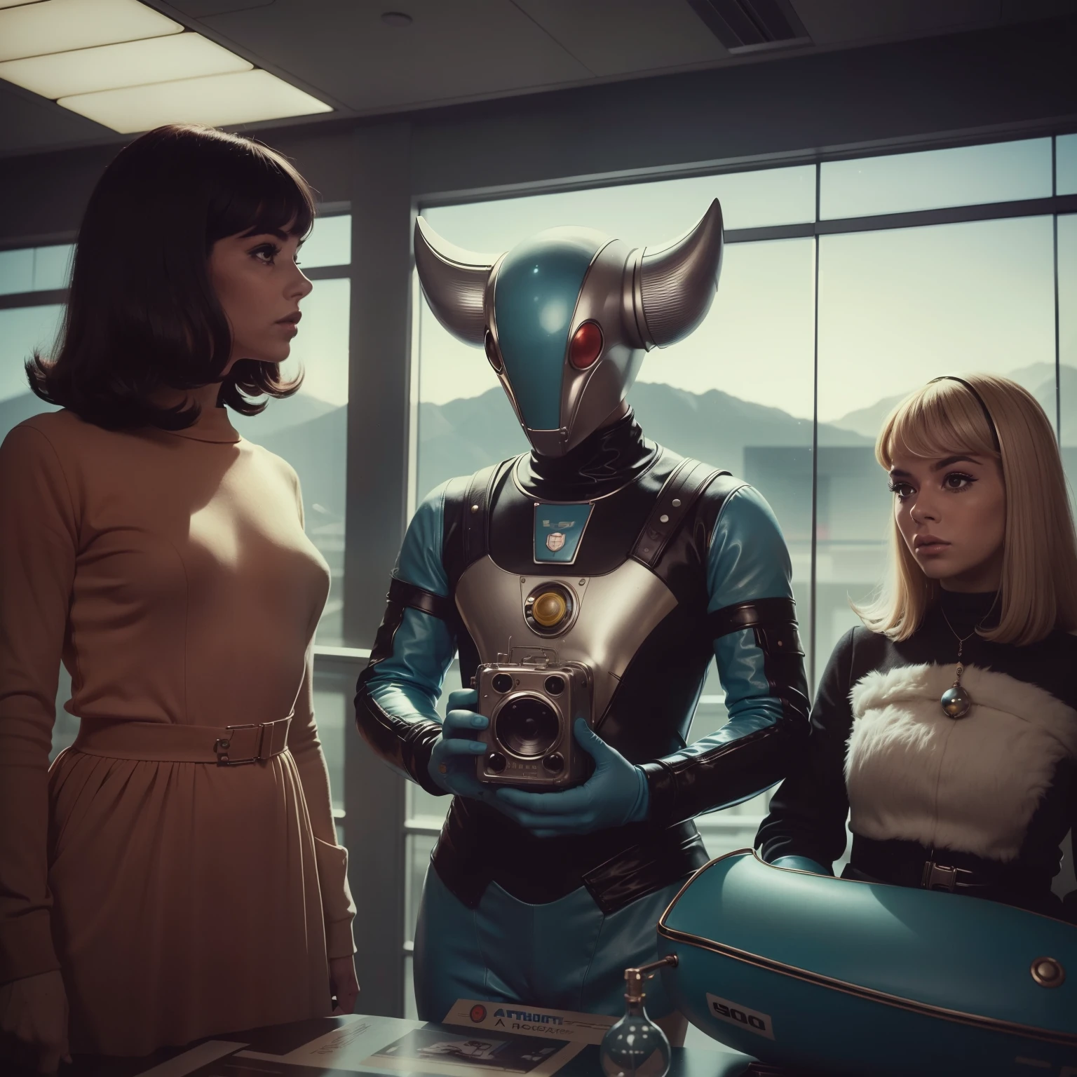 4k image of a 1960s science fiction film by Stanley Kubrick, pastels colors, Young people with animal mask and a mechanical pet in the library, Retro-futuristic fashion clothes from the 60s with alien ornaments, Luz Natural, Psicodelia, futurista estranho, retro-futurista, photo-realistic, Sharp background details.