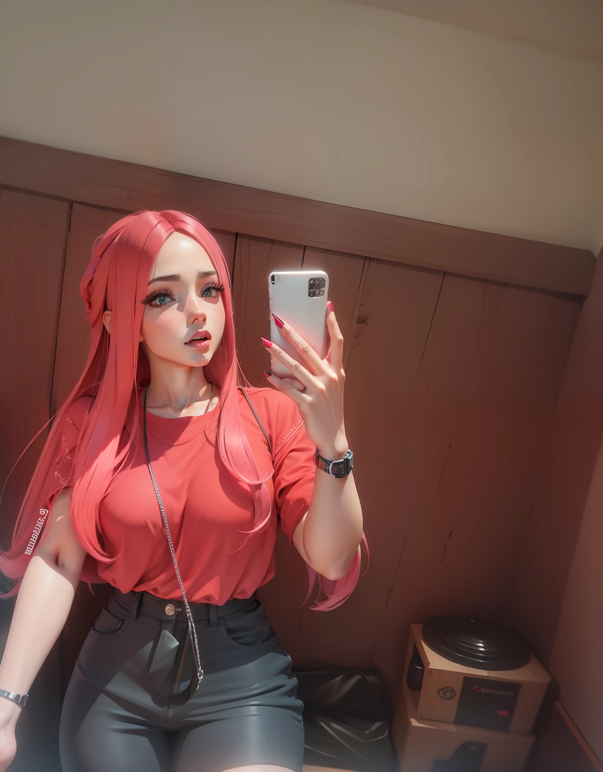 3d, ultra realista, estilo anime, cabelo rosa, boca com batom vermelho