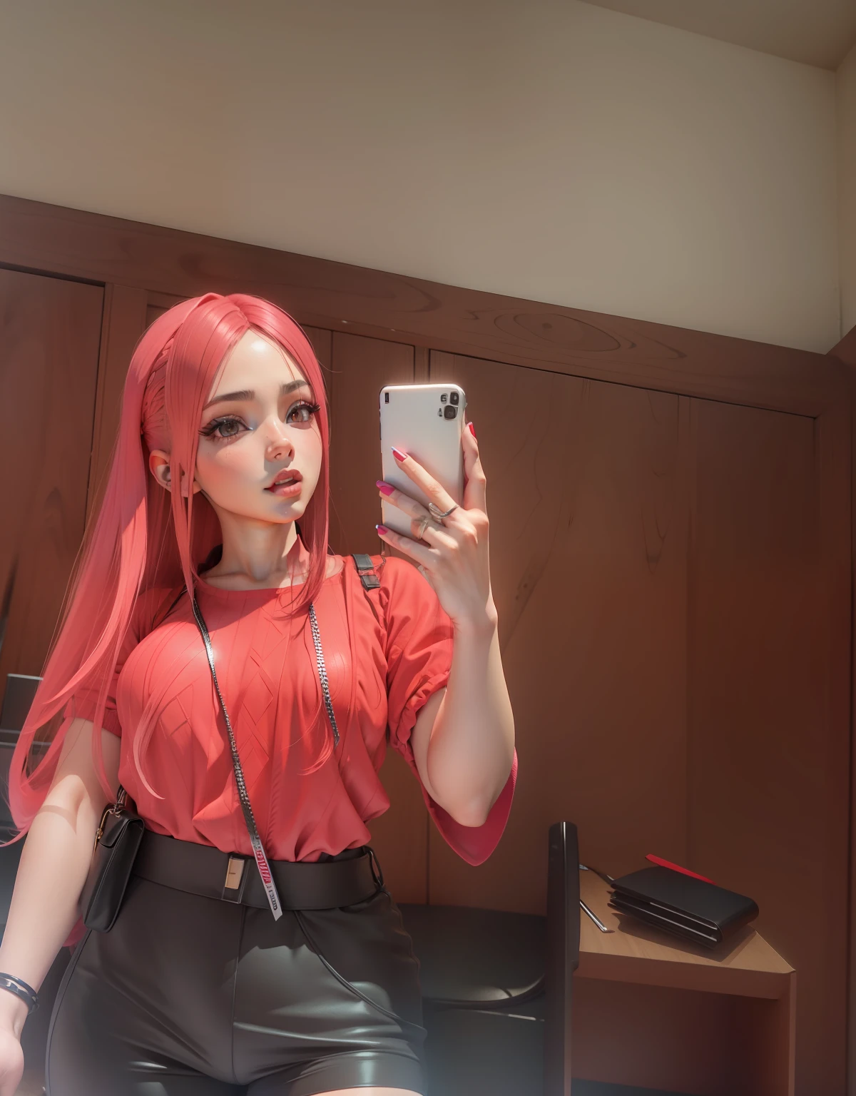 3d, ultra realista, estilo anime, cabelo rosa, boca com batom vermelho