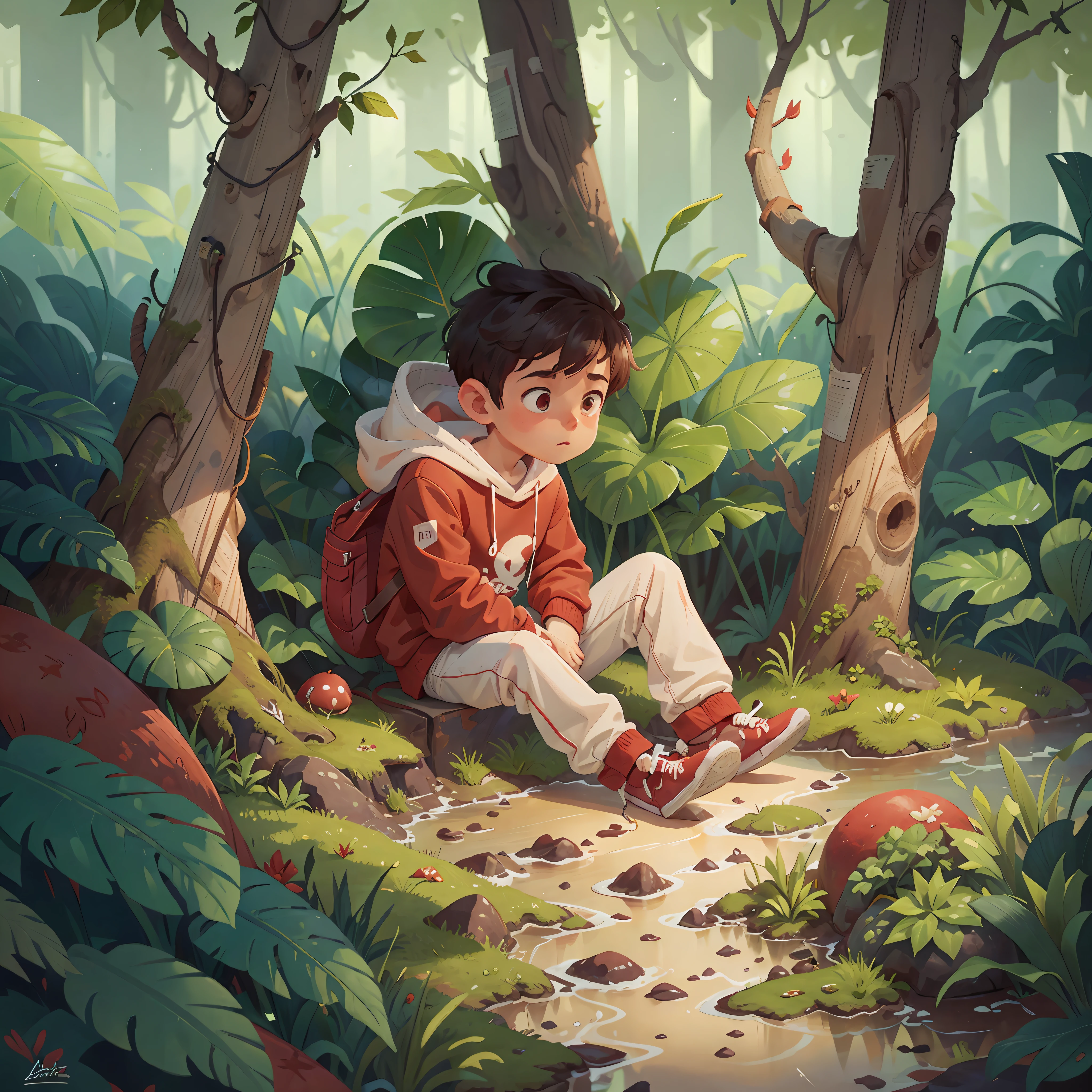 The boy in a red sweatshirt and white lining came to an isolated island covered in absurd plants.