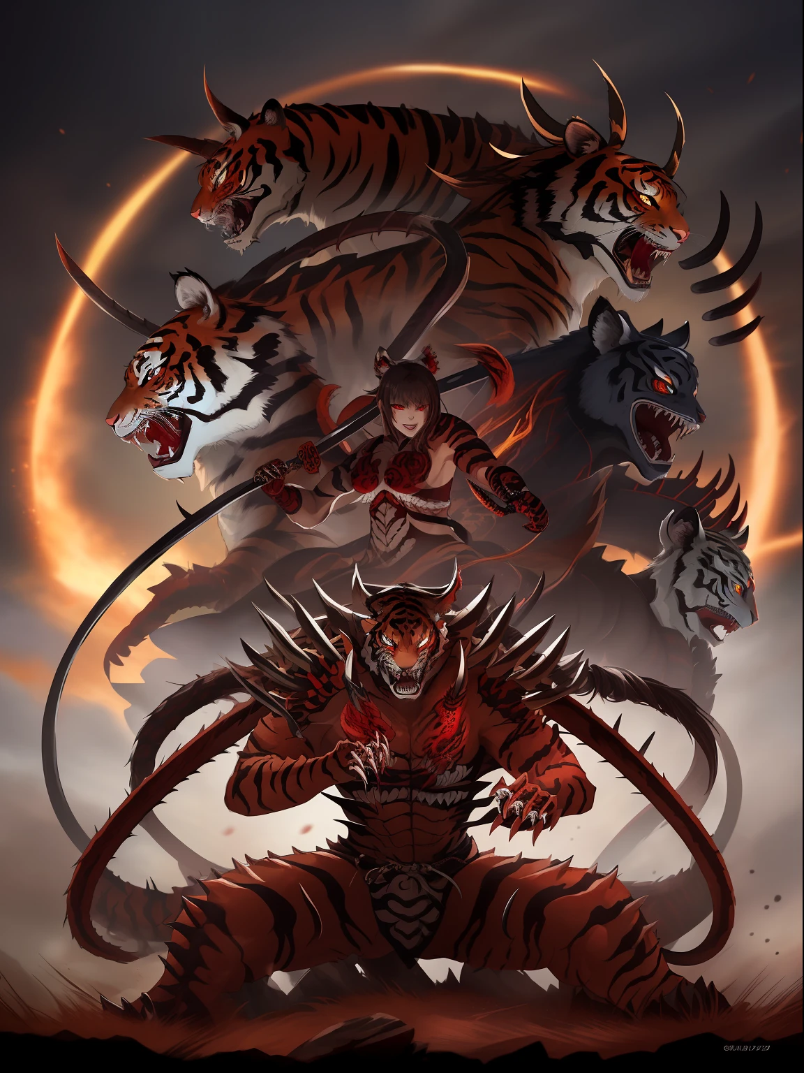 "(Detalhes incrivelmente detalhados) (melhor qualidade)" A four-armed monster tiger with six red eyes with sharp fangs and with four katanas in each hand