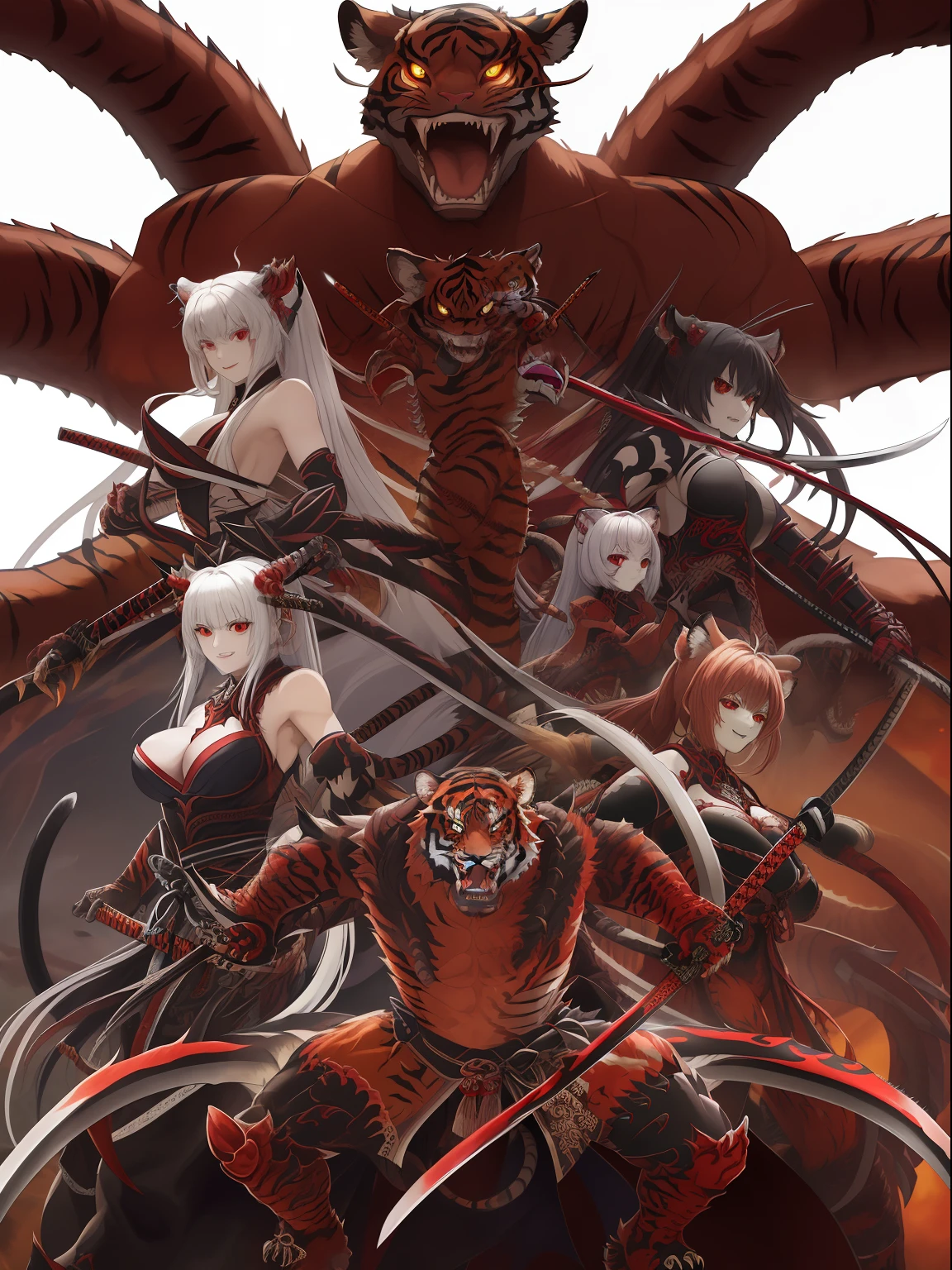 "(Detalhes incrivelmente detalhados) (melhor qualidade)" A four-armed monster tiger with six red eyes with sharp fangs and with four katanas in each hand