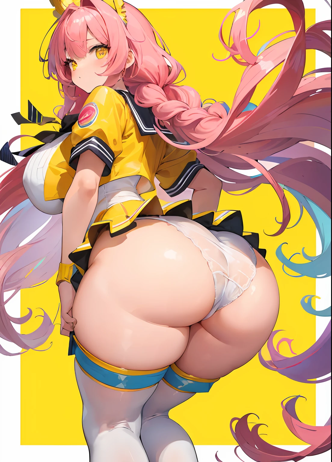 masterpiece, best quality, finely detailed, high resolution, extremely delicate and beautiful, 1girl, long curly pimk hair, braids, pinkhair, yelloweyes, big eyes, preppy, mad face, blue clothes, women, candy theme, candy in background, candy lands, thick, huge hips, front view, sexy, yellow eyes, yellow eyes, yellow leather, big lips, yellow background, frilly clothes, narrow waist, (huge butt), (huge thighs), thigh high socks, colorful, candy theme, candy in background, white thigh high socks, cute