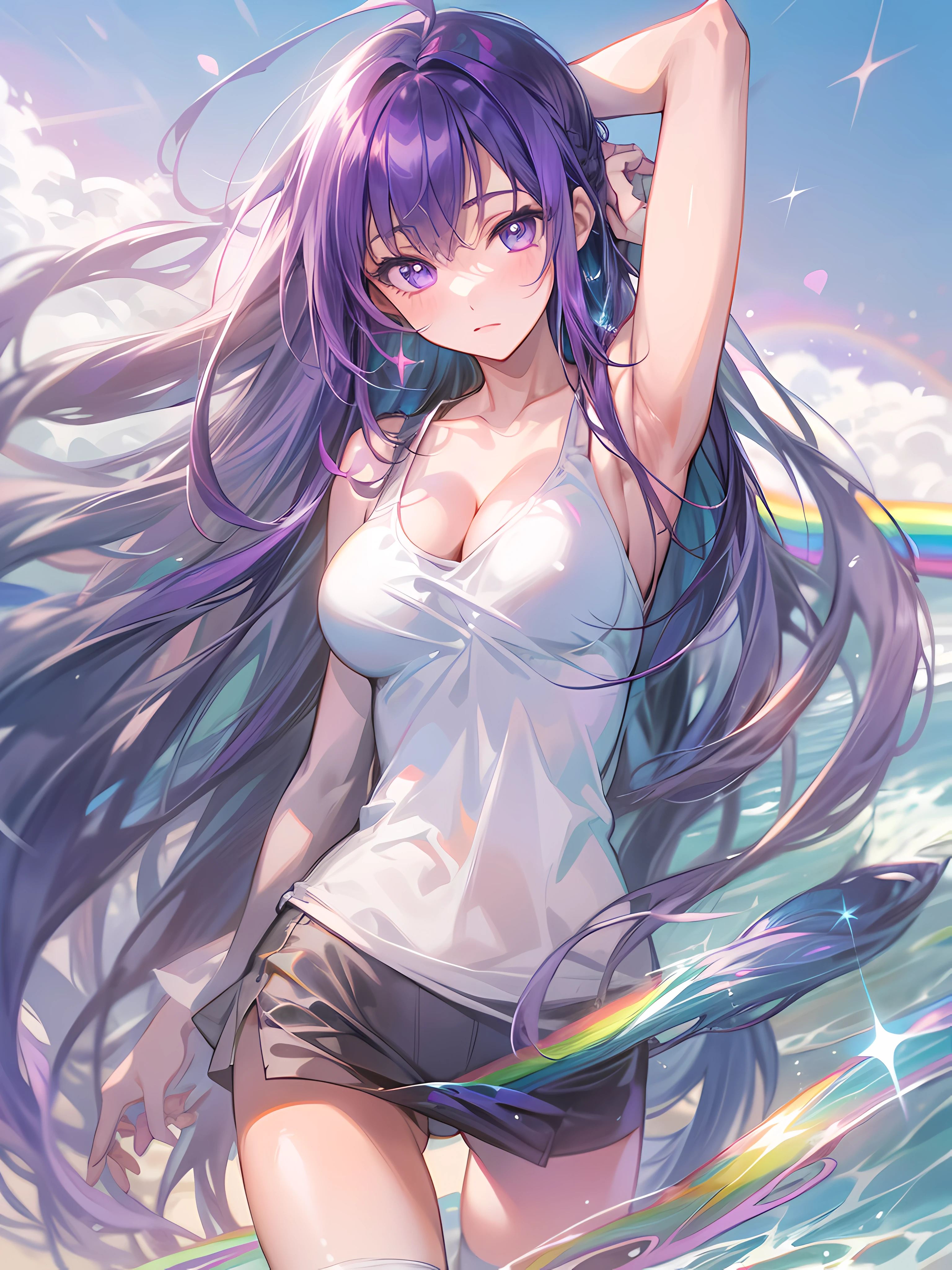 Ai Hoshino, Long hair, Purple hair, Striped hair ,Purple eyes, Star-shaped pupils, 1girll, full bodyesbian,Solo, Purple eye,Star eyes,Sparkling eyes,Shining eyes,Star-shaped pupils,Detailed eyes, white thighhighs, Purple colored hair,Blowing hair, looking a viewer, Breasts, full bodyesbian, Large breasts,Beautiful sunset sea, calm ocean waves, Sparkling waves, ((Big rainbow)), Colorful, A girl standing on the beach, Beautiful features, Shining eyes, Long black hair, Swaying in the wind, Dance like a dance, ((Masterpiece)), ((Highest quality 16k)), ((detailed and delicate)), ((Photorealistic)), ((Fantastic background)),