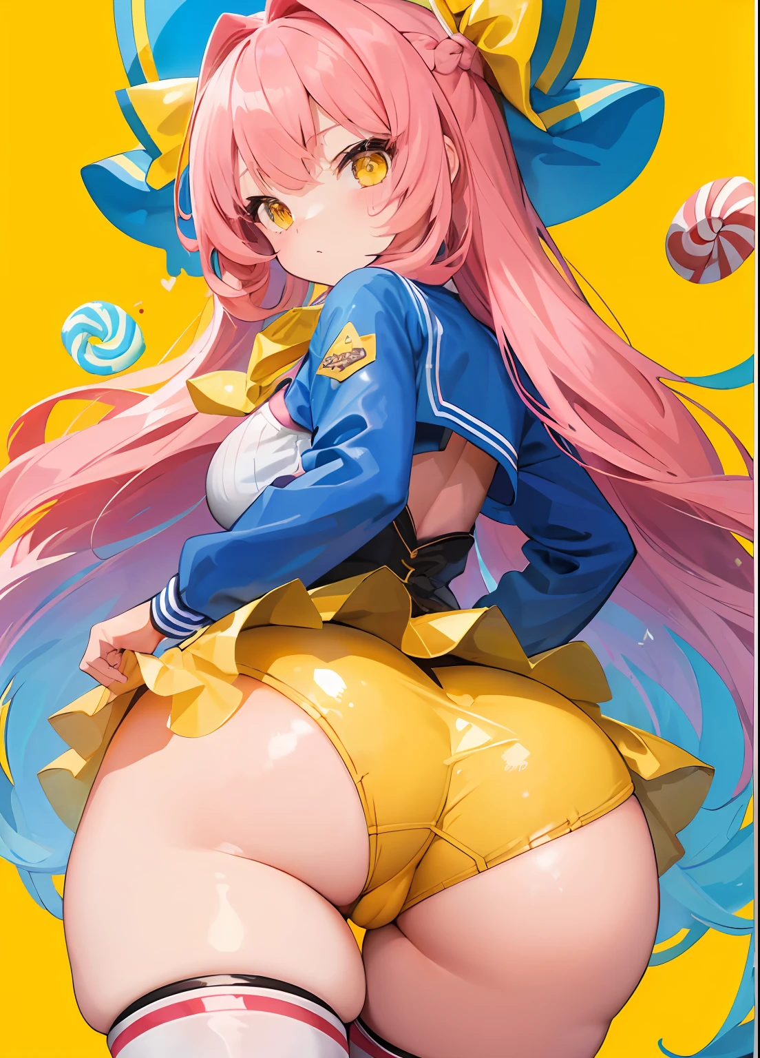 masterpiece, best quality, finely detailed, high resolution, extremely delicate and beautiful, 1girl, long curly pimk hair, braids, pinkhair, yelloweyes, big eyes, preppy, mad face, blue clothes, women, candy theme, candy in background, candy lands, thick, huge hips, front view, sexy, yellow eyes, yellow eyes, yellow leather, big lips, yellow background, frilly clothes, narrow waist, (huge butt), (huge thighs), thigh high socks, colorful, candy theme, candy in background, white thigh high socks, cute