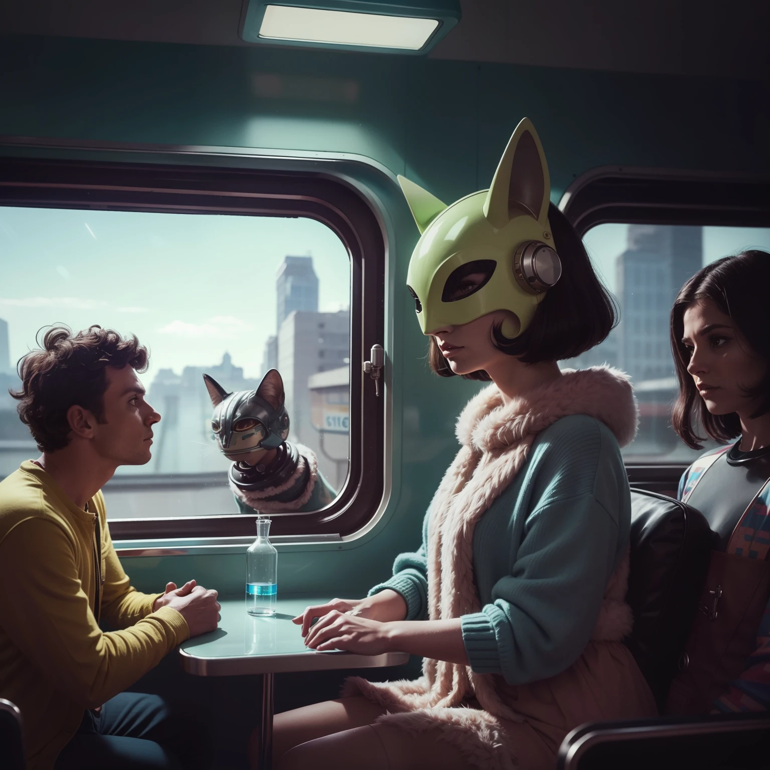 4k image from a 1960s science fiction film by Michael Gondry, pastels colors, Young people with animal mask and a mechanical pet on the train, Retro-futuristic fashion clothes from the 60s with alien ornaments, Luz Natural, Psicodelia, futurista estranho, retro-futurista, photo-realistic, Sharp background details.