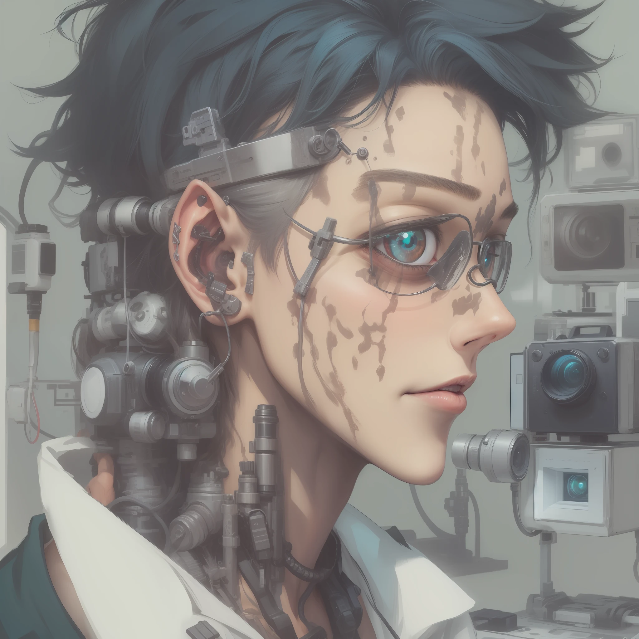 Estilo Anime, Cientista louco,  replaced his left eye with ultra-technological cameras and placed on his skin several implants that are sensors, tem olheiras piercings e cabelo curto verde