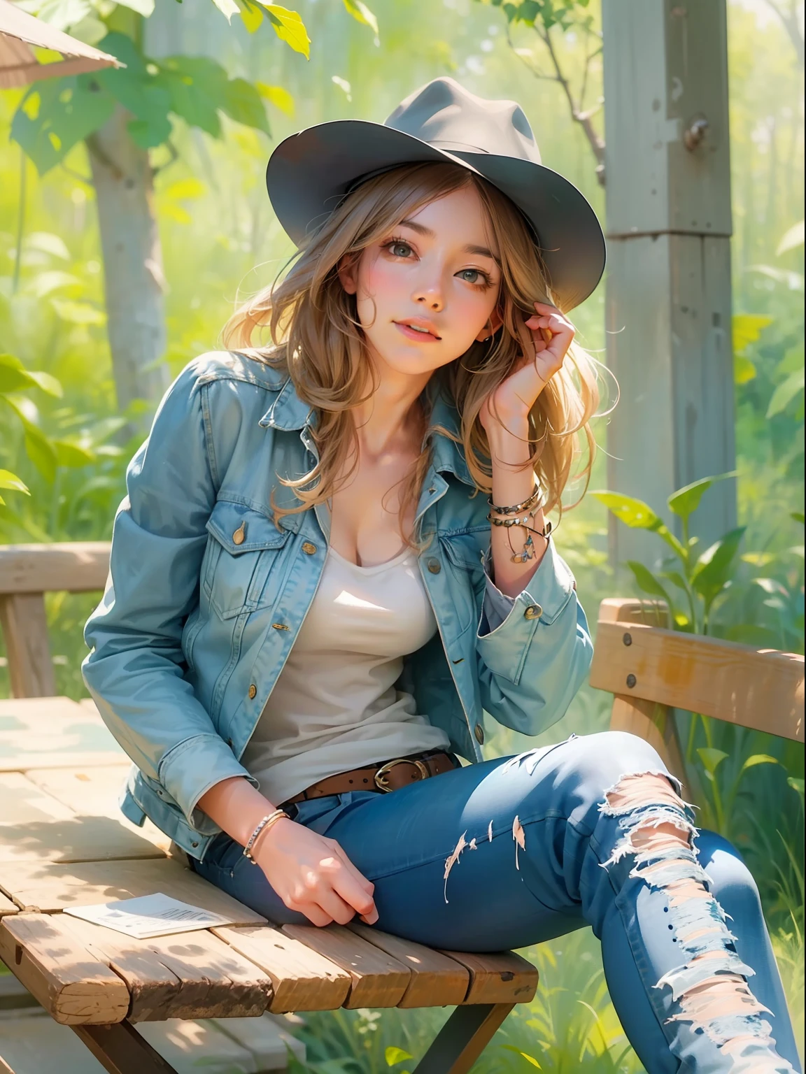 (best quality), (masterpiece), (1girl), solo, cowgirl with hat, beautiful girl, perfect face, perfect body, medium breast, sexy jeans and jacket, with booth, outdoor, sitting on the chair, watercolor, posing like model, unfinish, simple background, full body portrait, sunny day, pastel color, Monet style color