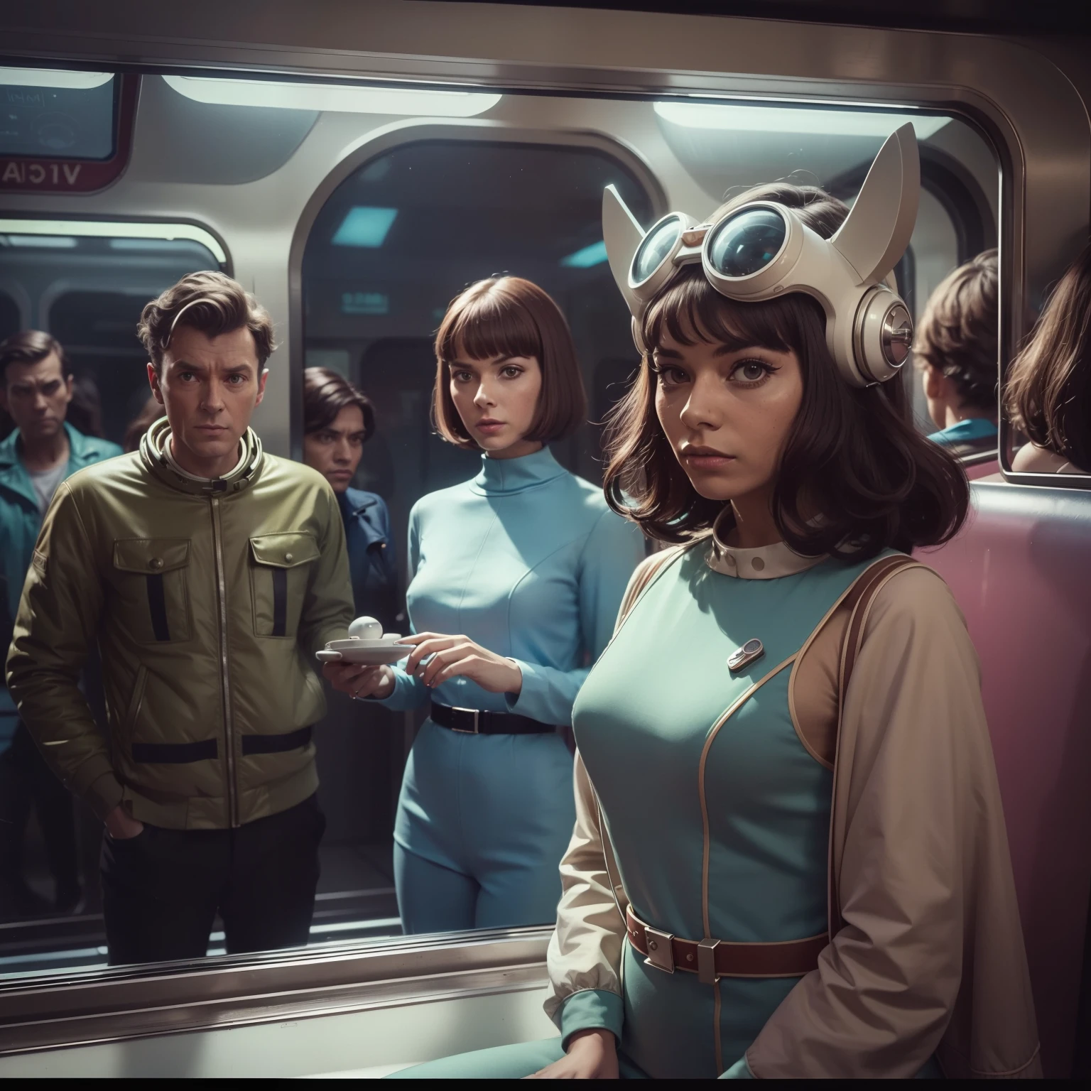 4k image from a 1960s science fiction film by Michael Gondry, pastels colors, Young people with animal mask and a mechanical pet on the train, Retro-futuristic fashion clothes from the 60s with alien ornaments, Luz Natural, Psicodelia, futurista estranho, retro-futurista, photo-realistic, Sharp background details.