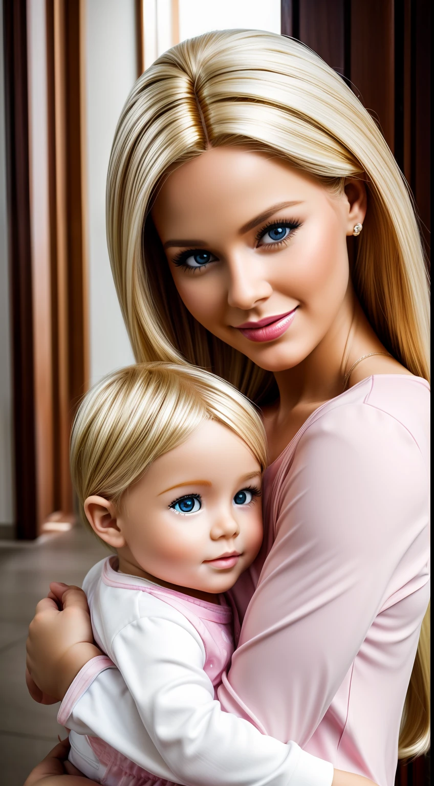 This blonde Barbie is holding a baby in her arms or playing with children. Represents women who are mothers, destacando seu amor, dedication and care skills. This Barbie celebrates motherhood and values mothers in all shapes and sizes, fundo liso, Minimalista, Canon 50mm, realismo, HDR, 16k,4:5, Ultrarrealismoo.