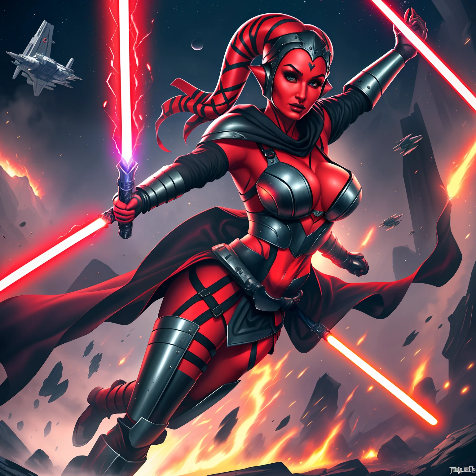 action scene, lightsaber fighting, lasers, explosions, fire, motion lines, depth of field, masterpiece, best quality, high-definition, armor, busty, ((red skin), twi'lek), dual red lightsabers, evil space knight, space ninja, (wearing black robes, black stealth armor, breastplate, tunic, tabard, cowl, cloak, body glove, straps, buckles, skirts, long sleeves, fantasy, ((armor))), ((busty), slender body, thin, slim sexy body, slim waist, (((huge breasts, gigantic breasts)))), Imperial starship, Star Wars,