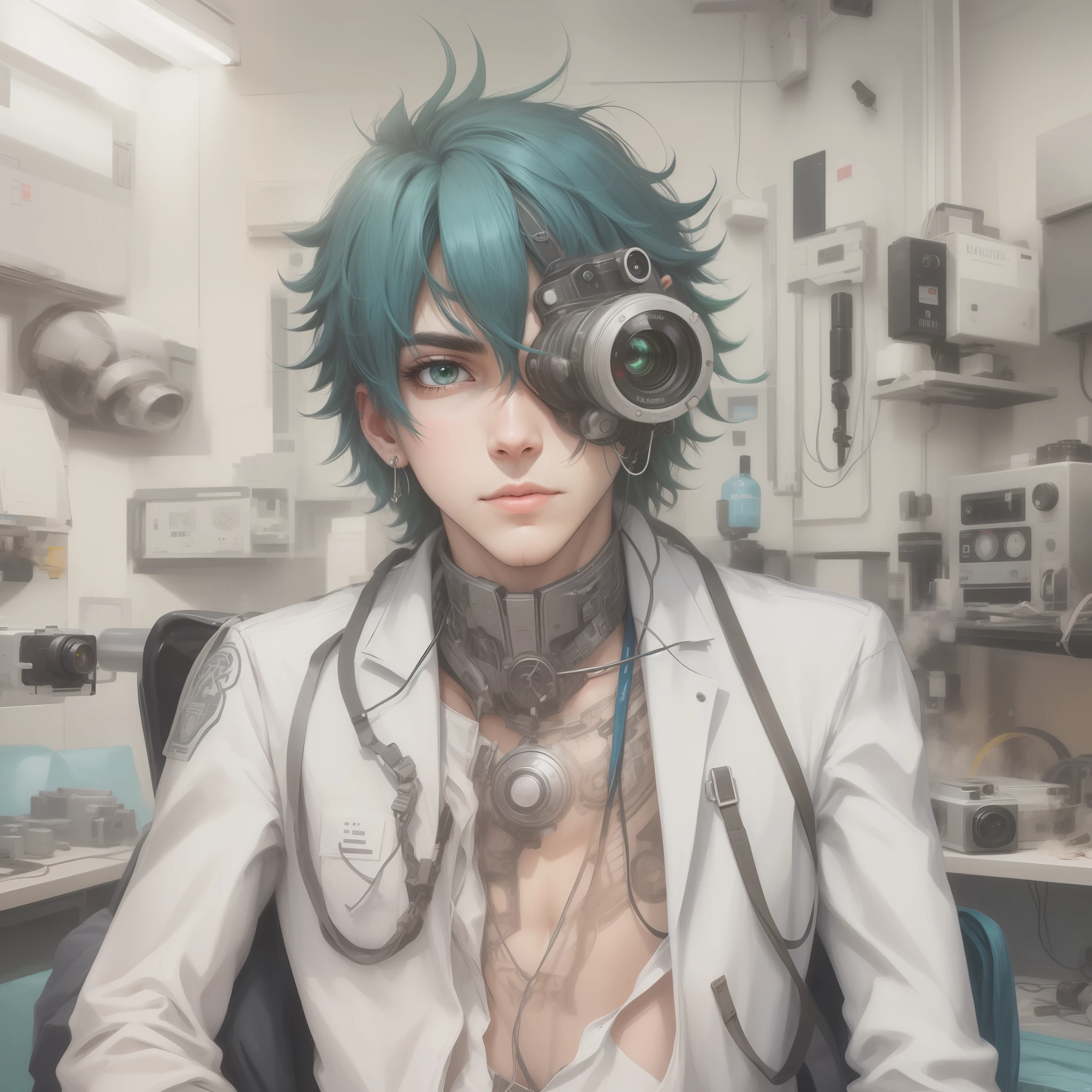 Estilo Anime, Cientista louco,  replaced his left eye with ultra-technological cameras and placed on his skin several implants that are sensors, tem olheiras piercings e cabelo curto verde