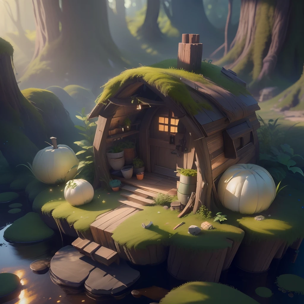 masterpiece, best quality, (extremely detailed CG unity 8k wallpaper), (best quality), (best illustration), (best shadow), A round turnip hut covered with moss, isometric 3D, octane render,ray tracing,ultra detailed