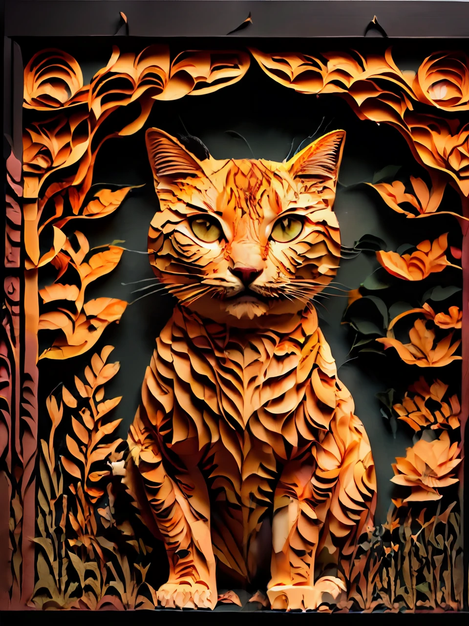 masterpiece, best quality,
RAW photo,cat, (high detailed skin:1.2), 8k uhd, dslr, soft lighting, high quality, film grain, Fujifilm XT3,
regal, fractal, 3d depth, intricate designs, delicate patterns, shadowbox frame, silhouette, kirigami, scherenschnitte,
jianzhi,