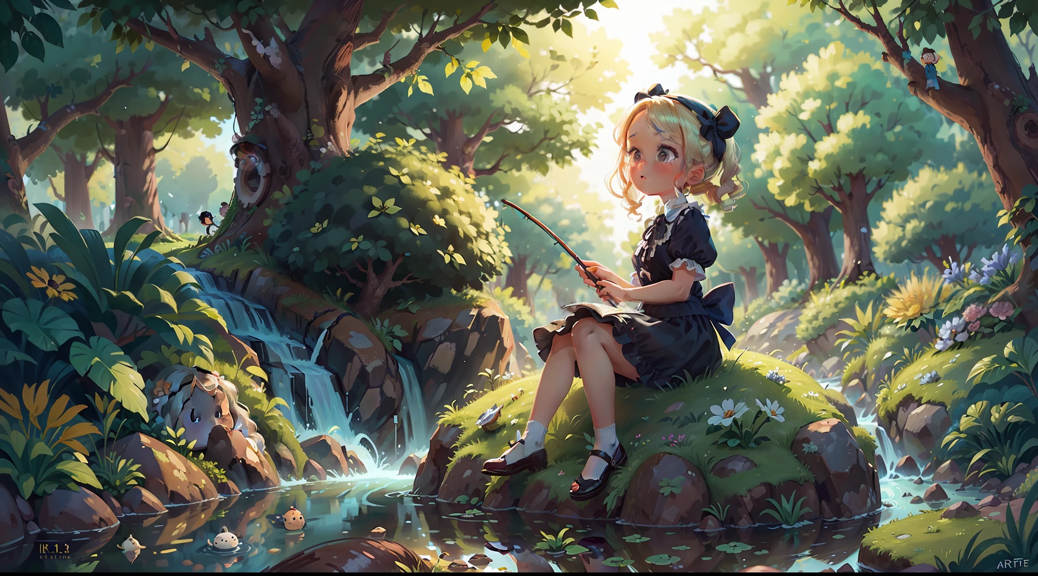 Tree in the middle of the flowery garden blonde girl with curlers , ojos azules ,sitting on the edge of a river fishing, Arte lineal, illustration, La mejor calidad, Obra maestra, ultrahigh resolution, Calidad perfecta, Enfoque claro, (Obra maestra: 1.2) (realista: 1.2) (Bokeh) (La mejor calidad) (Piel de porcelana blanca detallada: 1.3) (Detalles intrincados) (8k) (Detalle Ojos) (foco nítido) (cabello negro) (1 girl)
