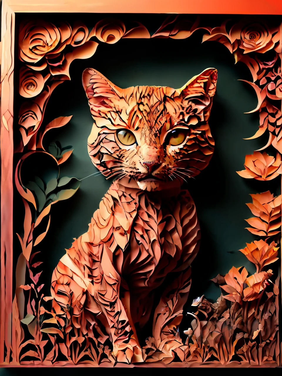 masterpiece, best quality,
RAW photo,cat, (high detailed skin:1.2), 8k uhd, dslr, soft lighting, high quality, film grain, Fujifilm XT3,
regal, fractal, 3d depth, intricate designs, delicate patterns, shadowbox frame, silhouette, kirigami, scherenschnitte,
jianzhi,