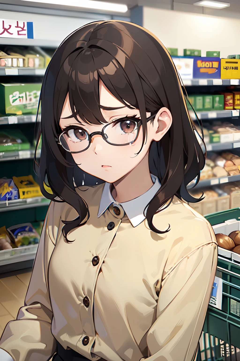 masterpiece, best quality, ultra high res, beautiful detailed hair detailed face, perfect feminine face, (sad face), depression, crying, tears, korean female, short wavy hair, chestnut brown hair, (eyewear), small breasts, art by sakimichan, george kamitani, akira yasuda, ((supermarket background)), sale rack