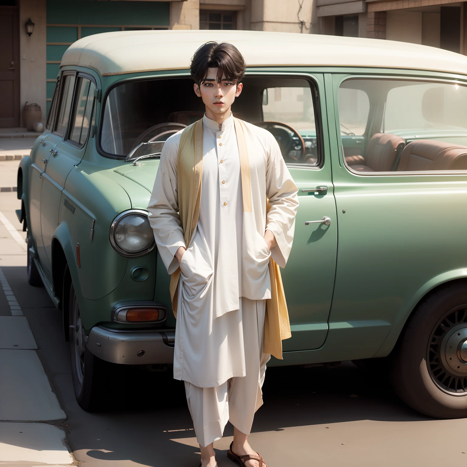 Kim taehyung in shalwar khameez with an old car