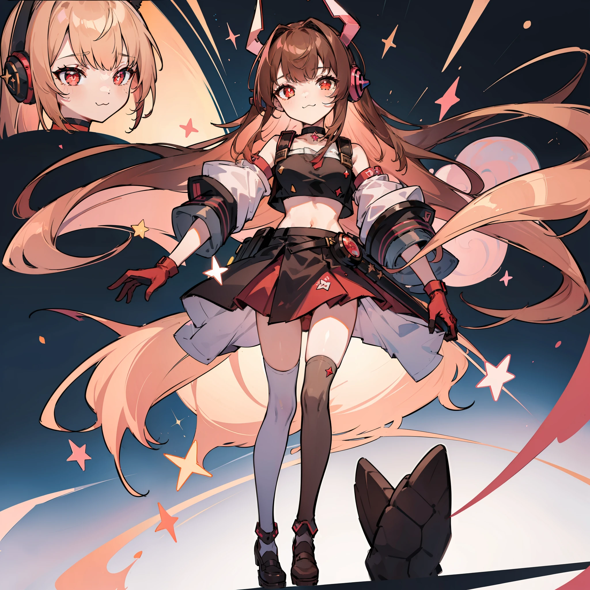 ((Masterpiece, highest quality)), detailed face, character sheet, Full body, full of details, vtuber, highly detailed, depth, many parts, 1girl, girl in a skirt and headphones, :3, long hair, bangs, gradient hair, brown hair with pink tips, black crop top, red skirt, gloves, stockings, black choker, red eyes, star (symbol), symbol-shaped pupils