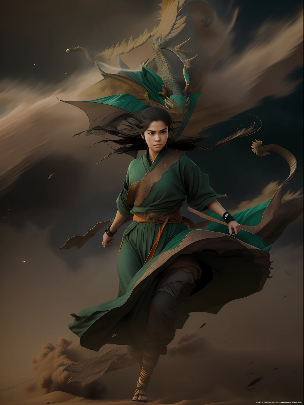 realistic epic, (dark shot:1), 1girl, floating ninja, flying, dragon head, textured clothing, dragon head, smoke, (((sandstorm))), (flying rock), (((blast dust:1))), wind, (motion blur), realistic, solo_focus, (dark_background), 3D model,Niji Pride