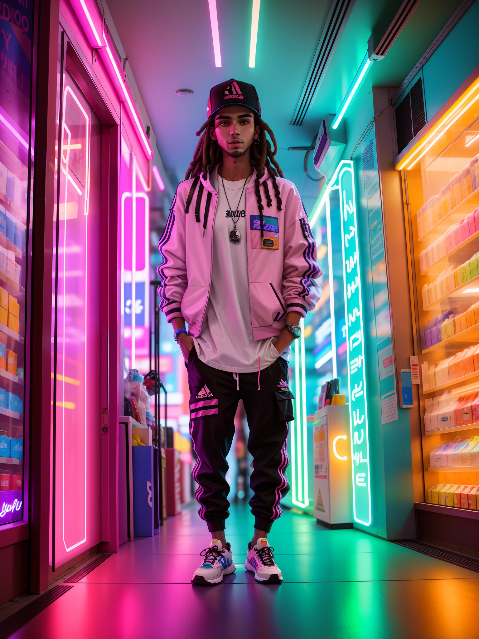 25-year-old man in white jacket and black pants standing in a neon shop, neon iluminado, neon jungle, teddy fresh, neon vibes, luzes neon e adiciona, Foto de um ensaio promocional, Retrato no meio da foto, neon lights in the background oriental letters, thick neon lights, foto promocional, com luzes neon, sythwave, Cidade oriental Neon ao fundo, aesthetic shot, rosto bem detalhado 4k HD, brincos, rua adidas, dreadlocks cavanhaque, brincos de argola, olhar forte, boca bem detalhada