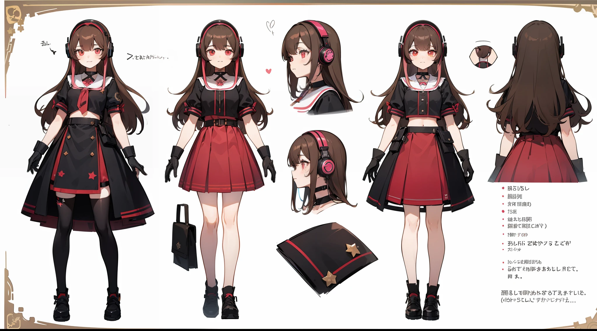 ((Masterpiece, highest quality)), detailed face, character sheet, Full body, full of details, vtuber, highly detailed, depth, many parts, 1girl, girl in a skirt and headphones, :3, long hair, bangs, gradient hair, brown hair with pink tips, black crop top, red skirt, gloves, stockings, black choker, red eyes, star (symbol), symbol-shaped pupils