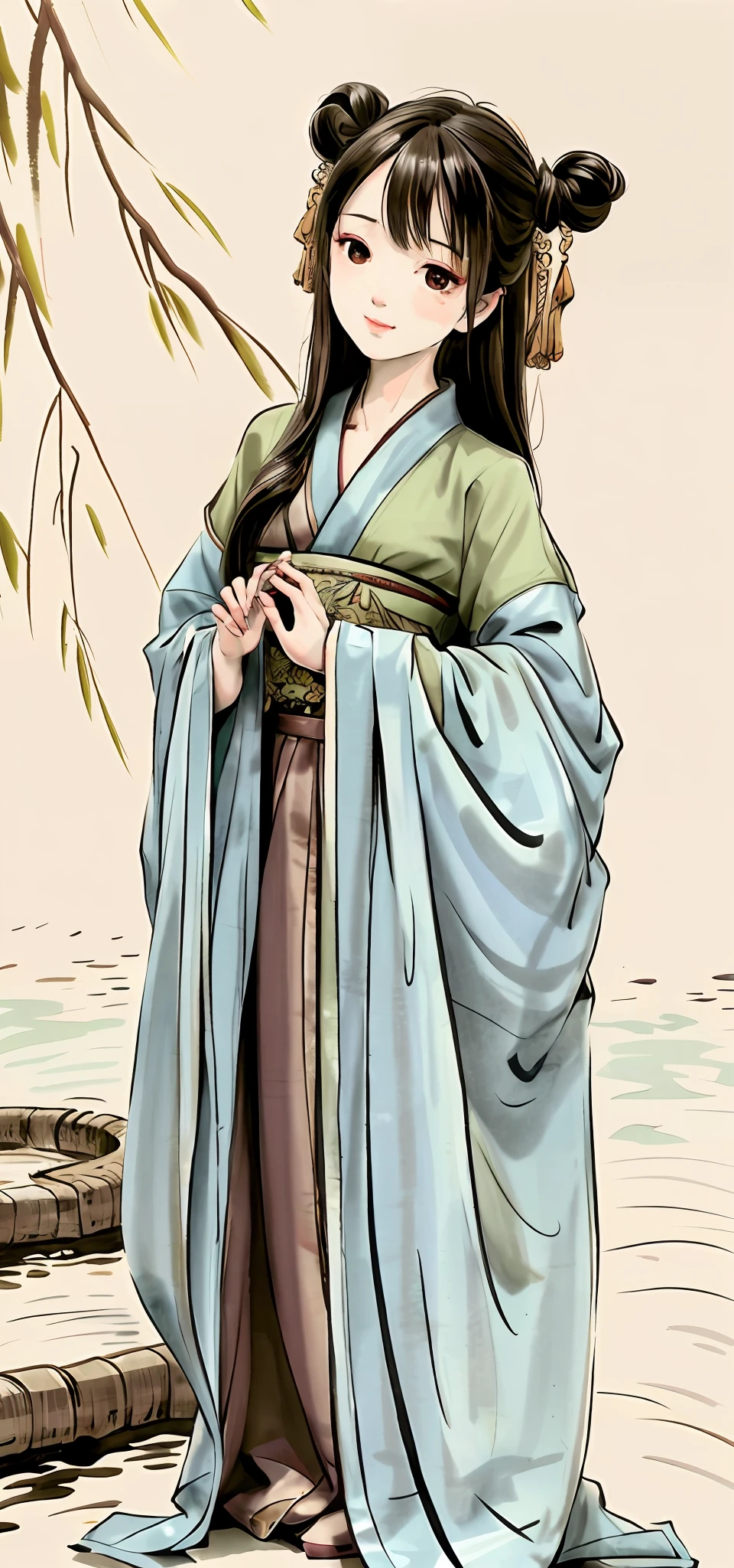 shuimobysim , Portrait of a woman standing , Willow branches, (Masterpiece, Best quality:1.2), Traditional Chinese Ink Painting, ModelShoot style, Peaceful, (Smile), view the viewer, wearing long hanfu, Hanfu,Willow tree in background, wuchangshuo,Raised sexy