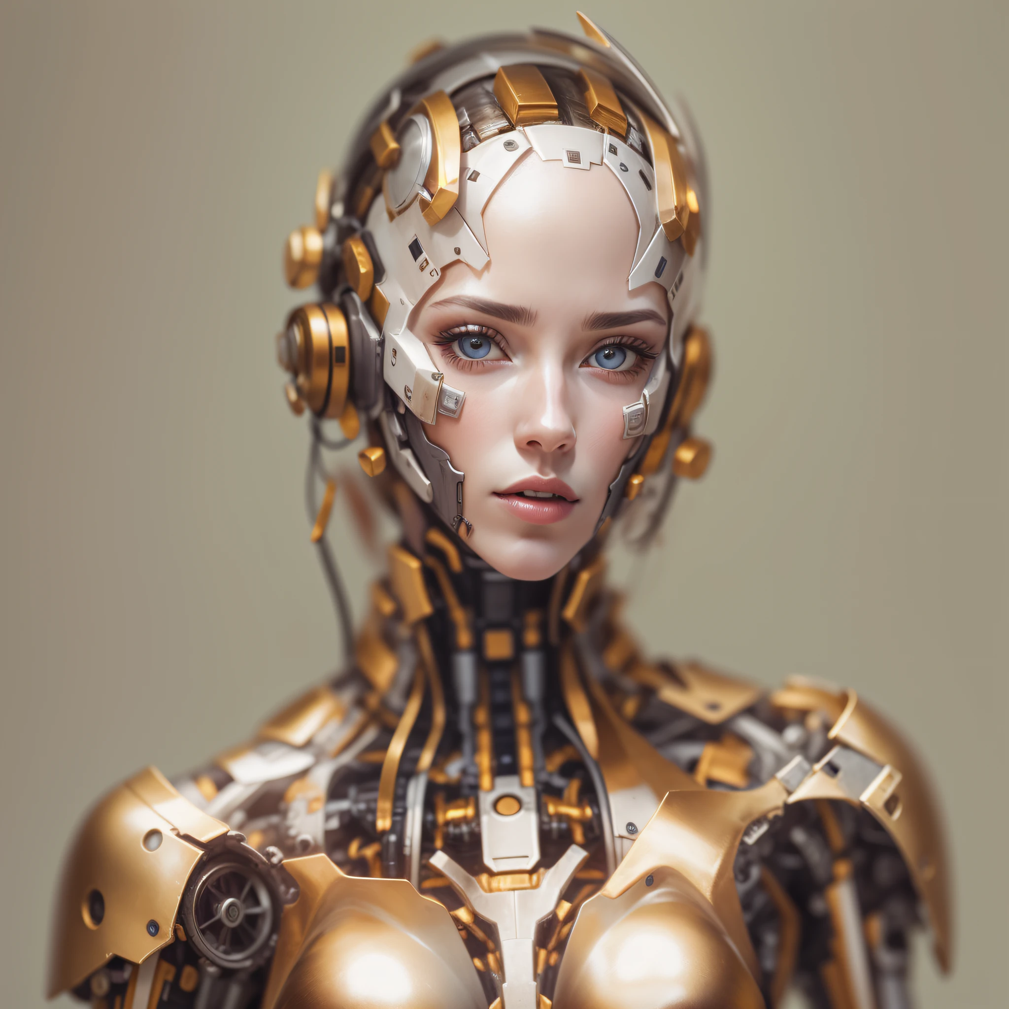 _un_hermoso rostro de_porcelana_mujer, cuerpo_completo de_androide, cyborg , partes roboticas. en oro.