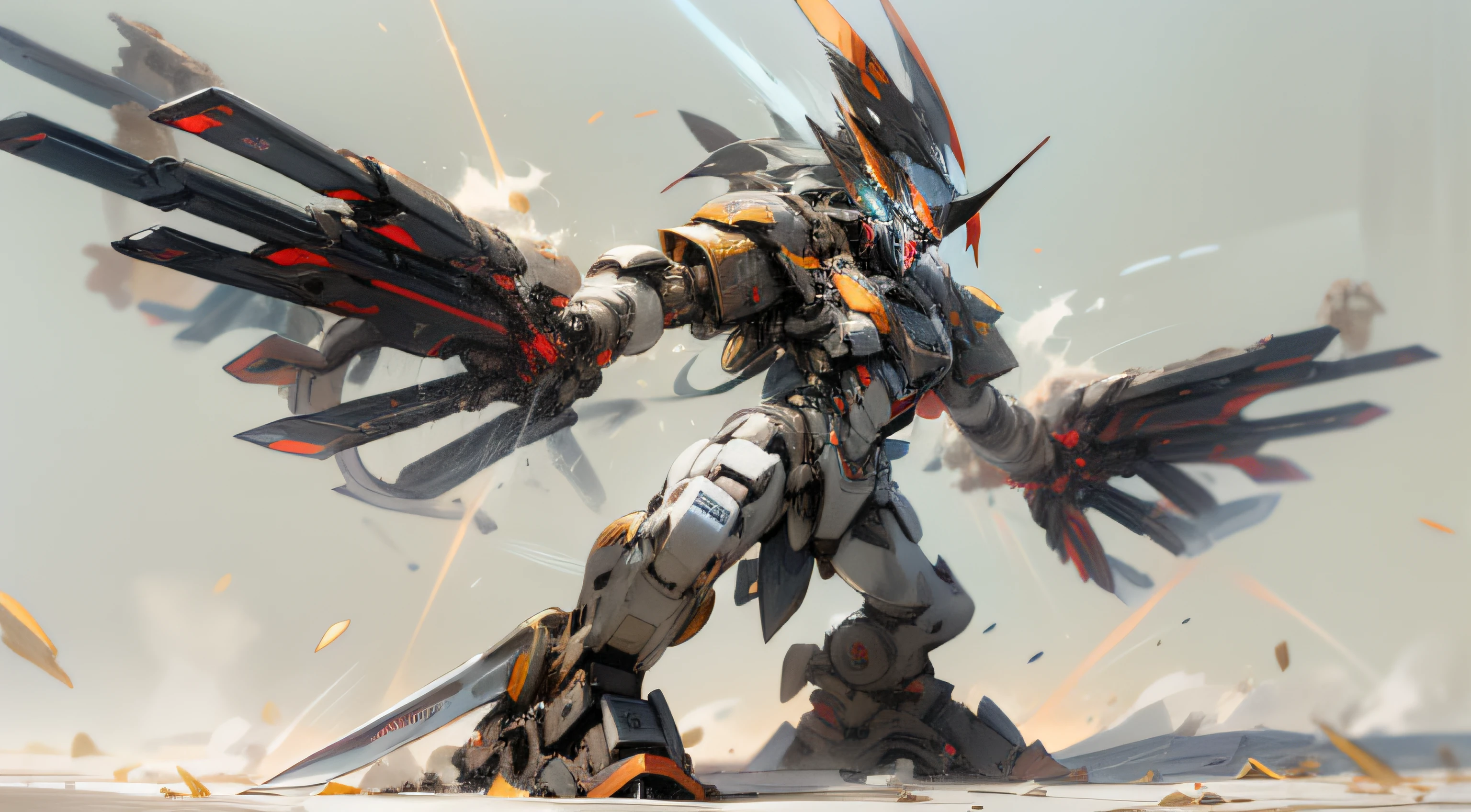 Picture a formidable, war-prepared automaton, a mechanical interpretation of Ares, the war deity from Greek mythology. The robot's structure is sturdy and designed for warfare, with a shape that caters to both attack and defense. Its arms are designed to deliver potent strikes, and its body is shielded by sophisticated defense systems. The color scheme is primarily red and black, with touches of gold for embellishment. The robot carries weapons such as a sword and an axe, and it is outfitted with armor that covers its entire body. This robotic behemoth boasts superior combat skills, including the capacity to handle several weapons at once and advanced defense methods. It can rapidly assess the state of the battlefield and devise the best strategies in a split second. The style is a blend of Greek mythology and giant robot mechanics. Use photo hyper-realism, highly detailed, and high-resolution 16k. --ar 16:9 --v 5.1 --style raw --q 2 --s 750