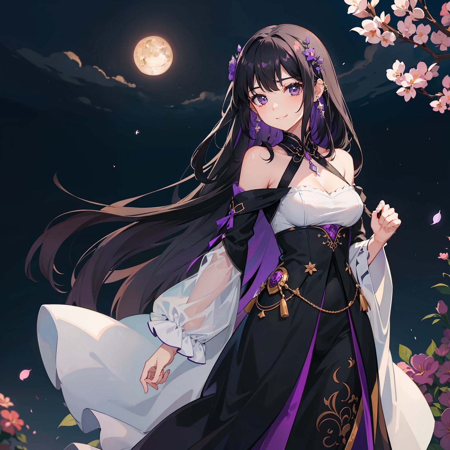 A woman with long-violet and black hair, with a flower tucked behind her ear. She has a smile and bright black eyes. She stands underneath the glimmering moon.