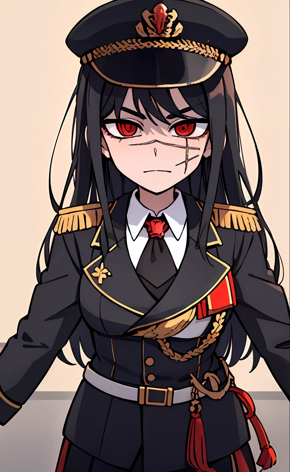 (masterpiece, best quality: 1.2), Solo, 1girl, Yoru \(Chainsaw Man\), looking at the viewer, different poses, red eye, long hair, completely black hair, reference to clothing of a German WWII general, black long sleeves (best quality), scar on face, beautiful eyes, has only 2 arms, has war medals on his clothes,  Black Military Cap, Golden Eagle Medal on Clothing, (Wallpaper), (8K HD), (8K HD), Golden Shoulder Pads, Sprites, 1 Single Design (obra maestra, mejor calidad: 1.2), Solo, 1girl, Yoru \(Chainsaw Man\), mirando al espectador, sonrisa, MALVADA, diferentes poses, ojo rojos, cabello largo, cabello completamente negro, reference to clothing of a German general from World War II, mangas largas negras (mejor calidad), cicatriz en la cara, hermosos ojos, tiene solo 2 brazos, tiene medallas de guerra en su ropa, Gorra militar negra, Golden Eagle Medal in Dress, (fondo de pantalla), (8K HD), (8K HD), hombreras doradas, sprites, 1 single design