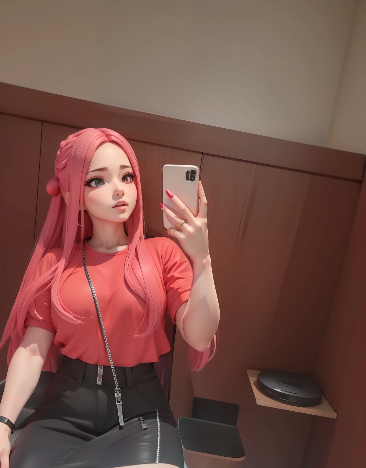 3d, ultra realista, estilo anime, cabelo rosa, boca com batom vermelho