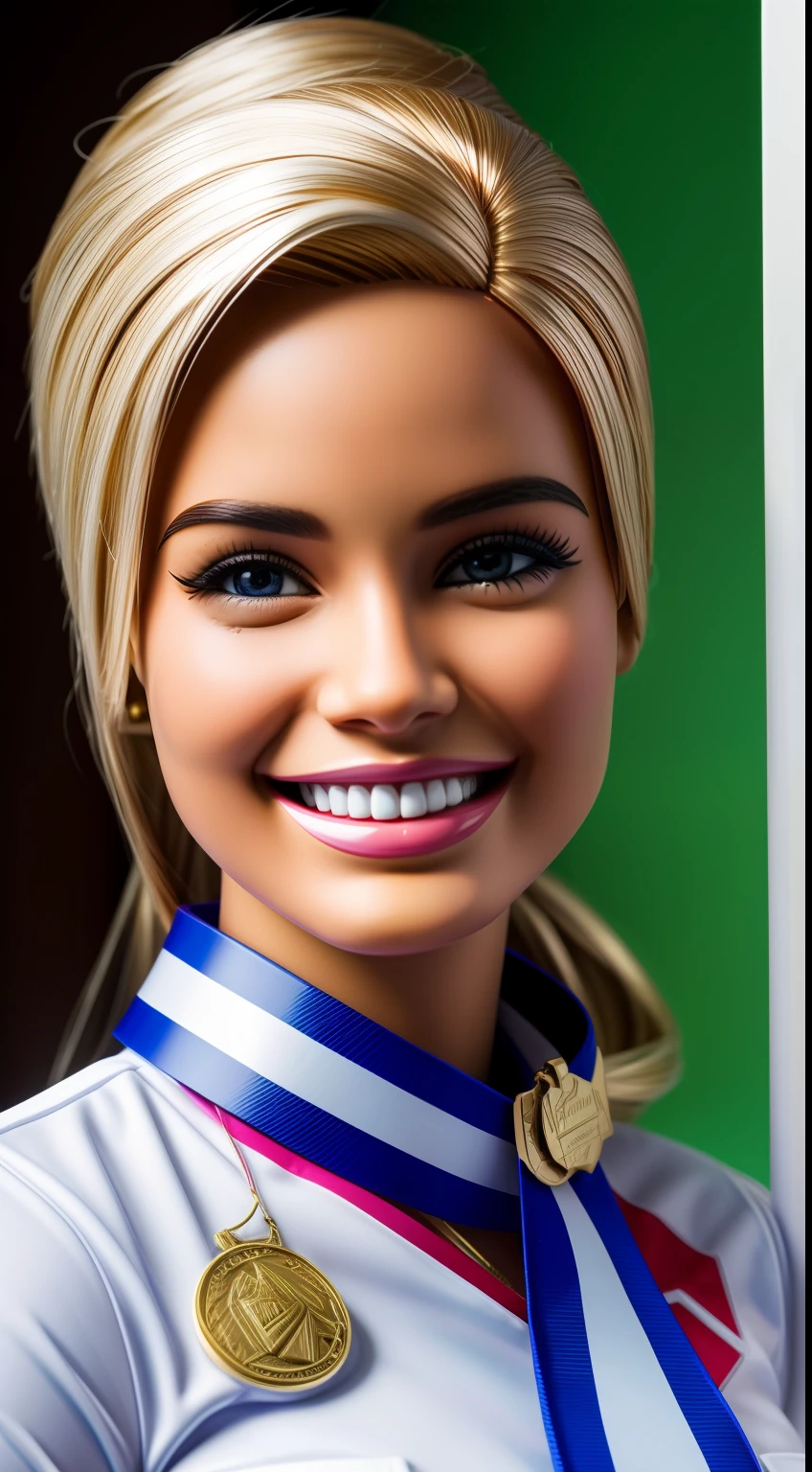 This Barbie is always smiling and carries a medal around her neck. Ela representa as mulheres resilientes e dedicada, motivados a superar desafios e atingir metas. She is a symbol of inspiration and self-confidence,fundo liso, Minimalista, Canon 50mm, realismo, HDR, 16k, 4:5, Ultrarrealismoo, human traits