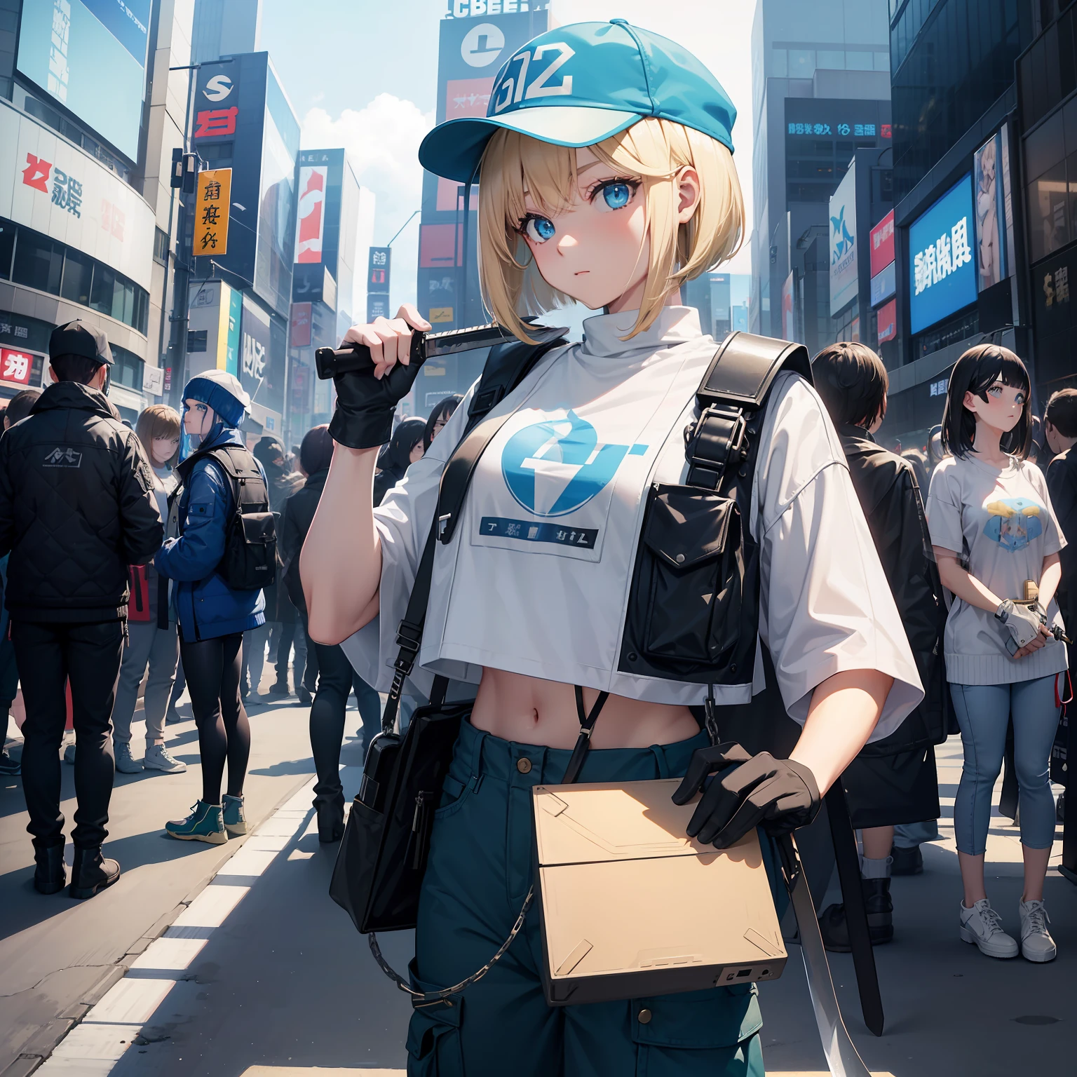 Beautiful woman medium hair、hated、cyberpunked、a short bob、a blond、White Summer Knitted Cap、 odd eye、blue right eye、Green left eye、Blue Leather Vest、Long white T-shirt、White Cargo Pants、Black Engineer Boots、head phone、Carrying a Japan sword on your back、Sprint、In front of Shibuya Station、natta